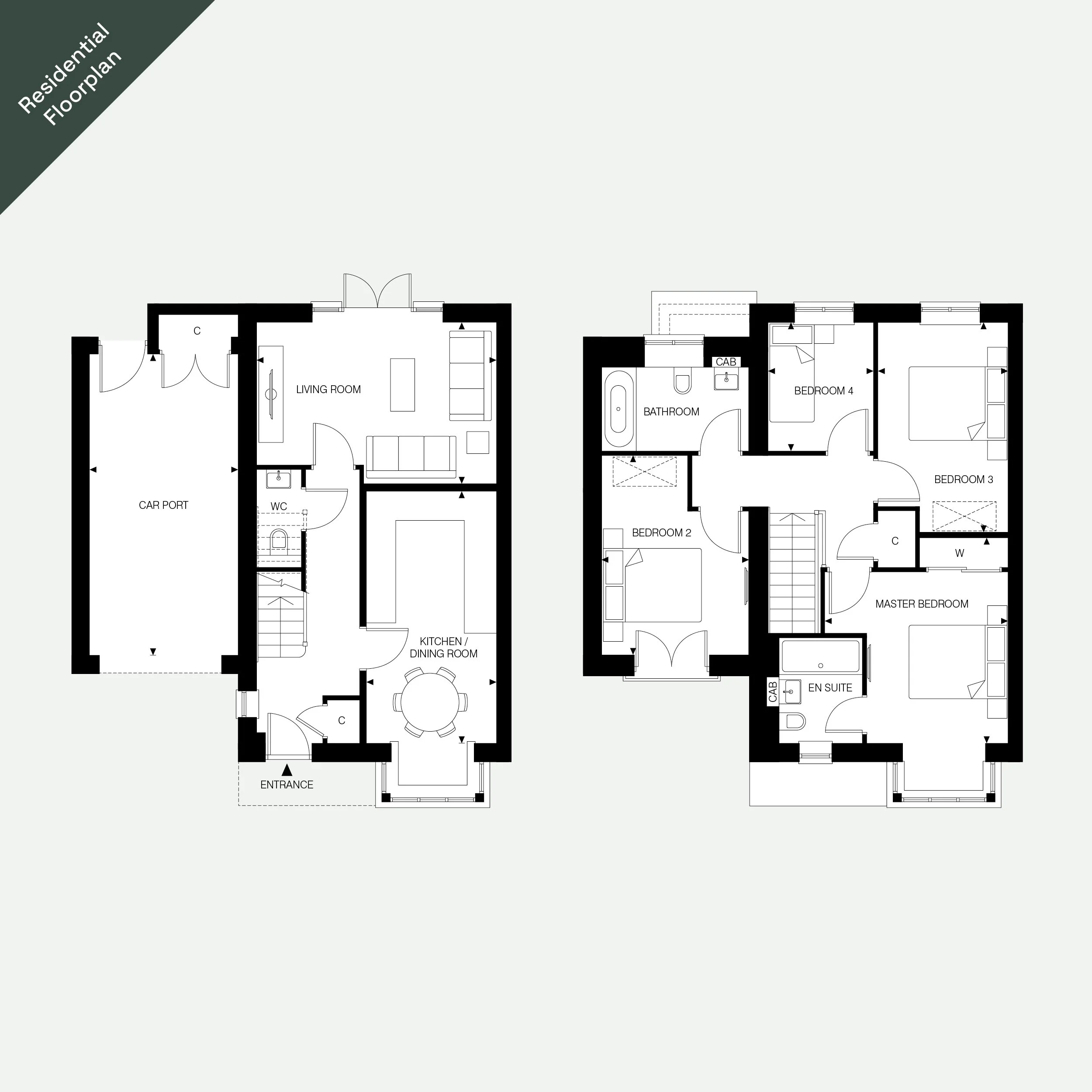 Floor plan layout of a residential building with multiple apartments, including living rooms, bedrooms, bathrooms, kitchens, terraces, balconies, and outdoor greenery.