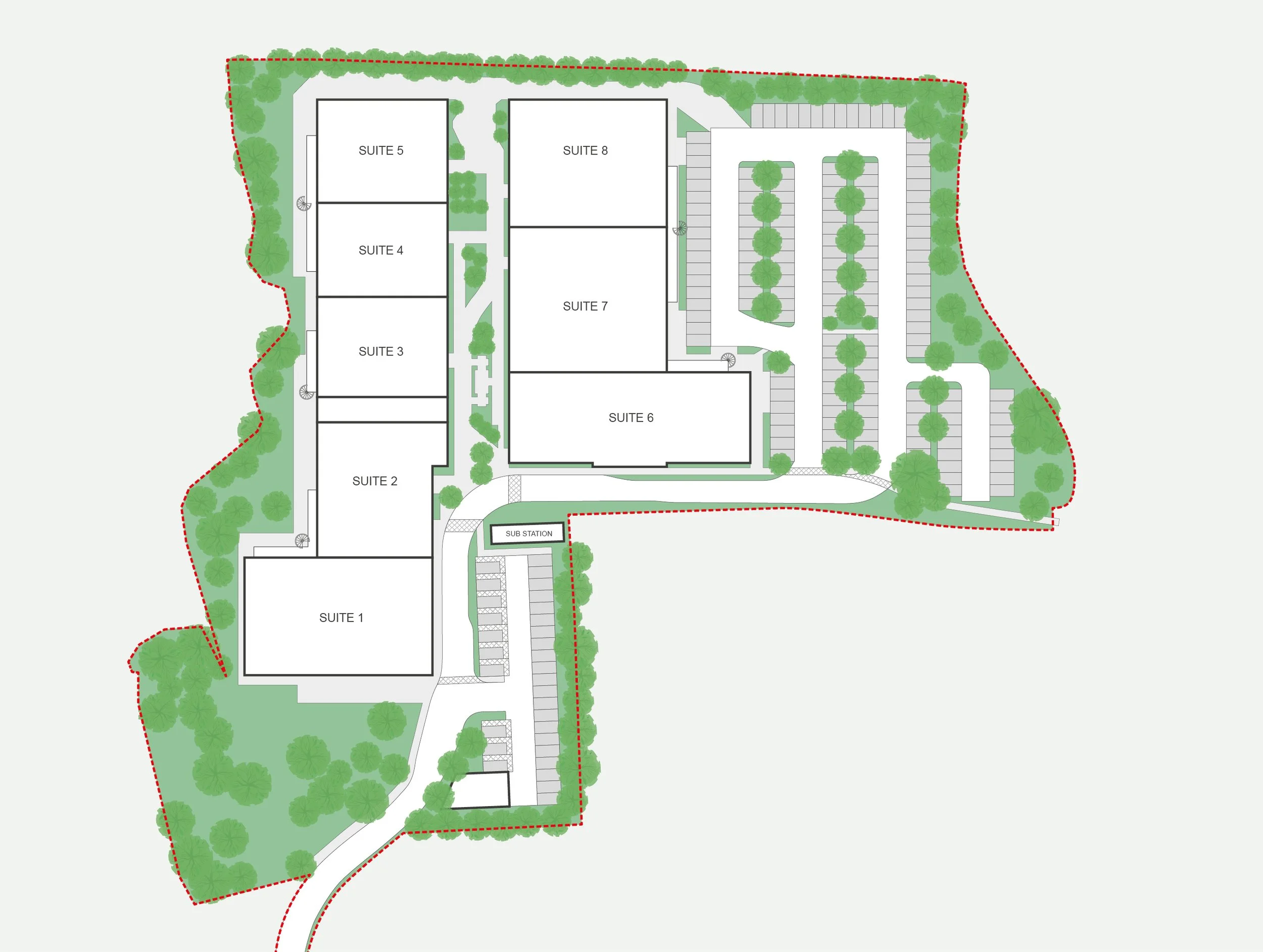 Site plan showing multiple suites, parking lot, driveways, trees, and landscaped areas within a property boundary marked by a red dotted line.