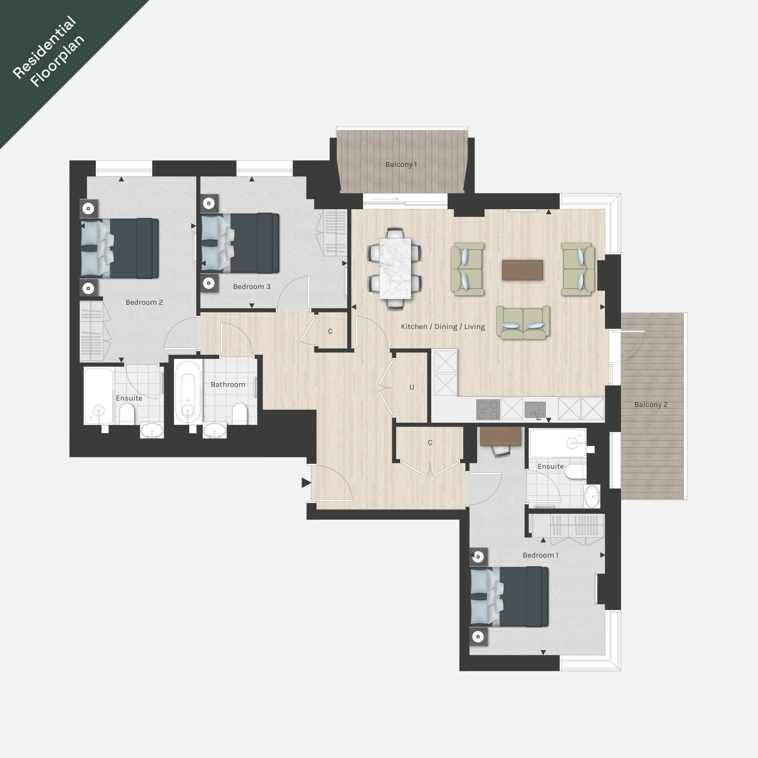 Floor plan of a residential space showing bedrooms, bathrooms, kitchen, living area, and balconies.