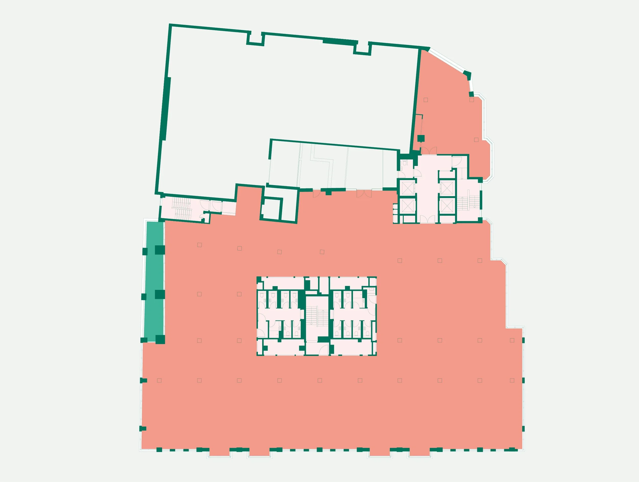 A digital floor plan of a building highlighting specific areas in pink, with multiple rooms, hallways, elevators, and staircases.