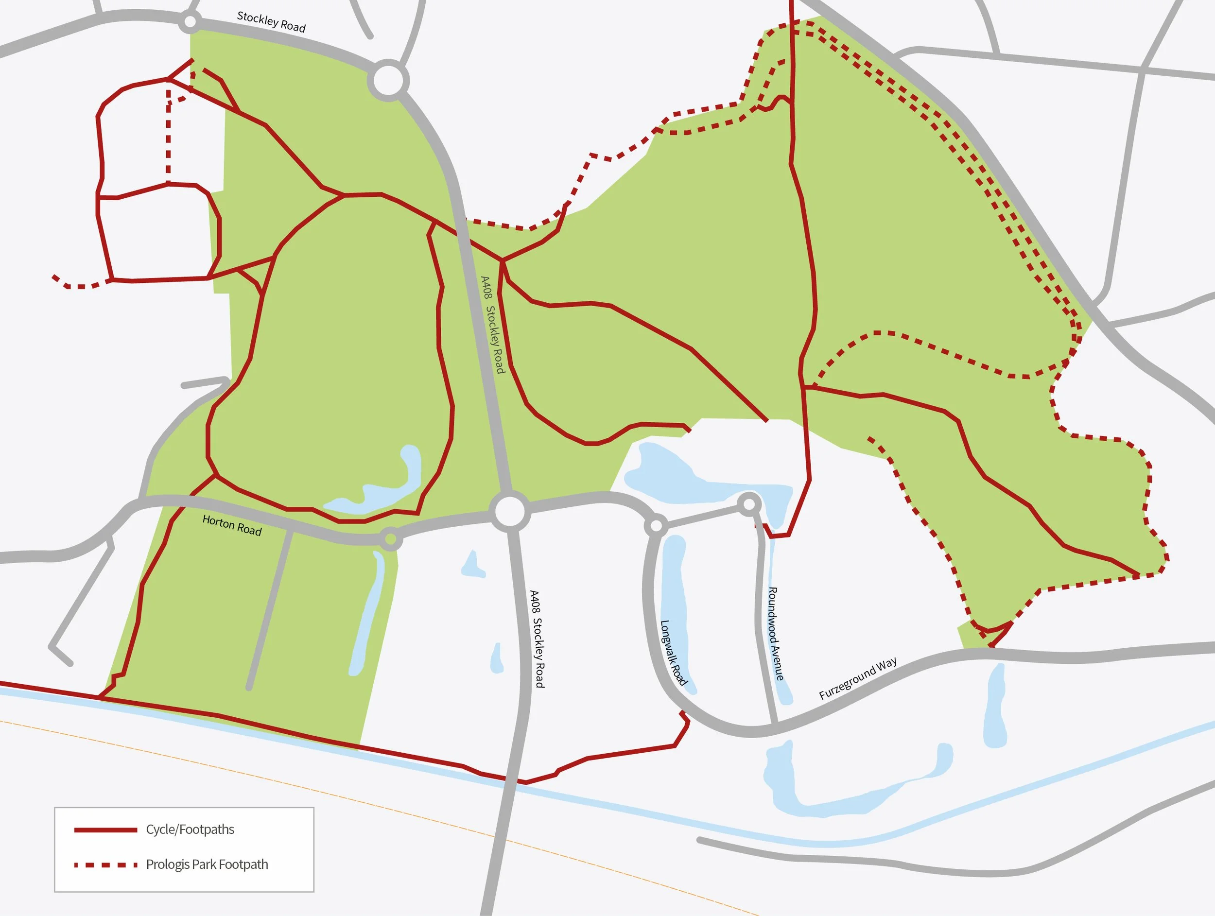 Map showing designated cycle and footpaths in a park, with a legend indicating red solid lines for cycle/footpaths and red dashed lines for Prologis Park footpath. Roads and water bodies are also visible.