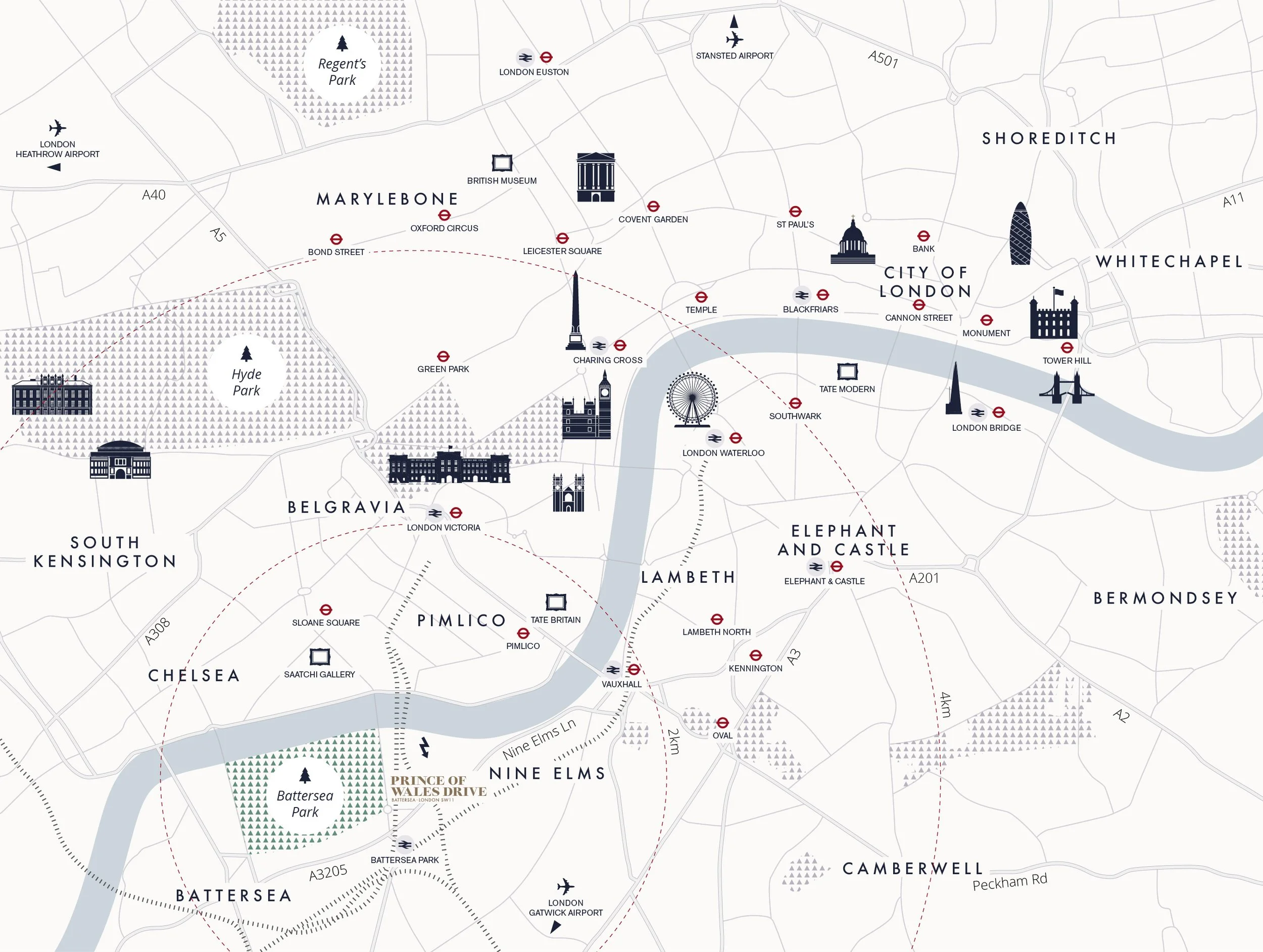 A map of central London highlighting notable locations, parks, and transportation options, including landmarks such as the British Museum, the Tower of London, and Hyde Park.