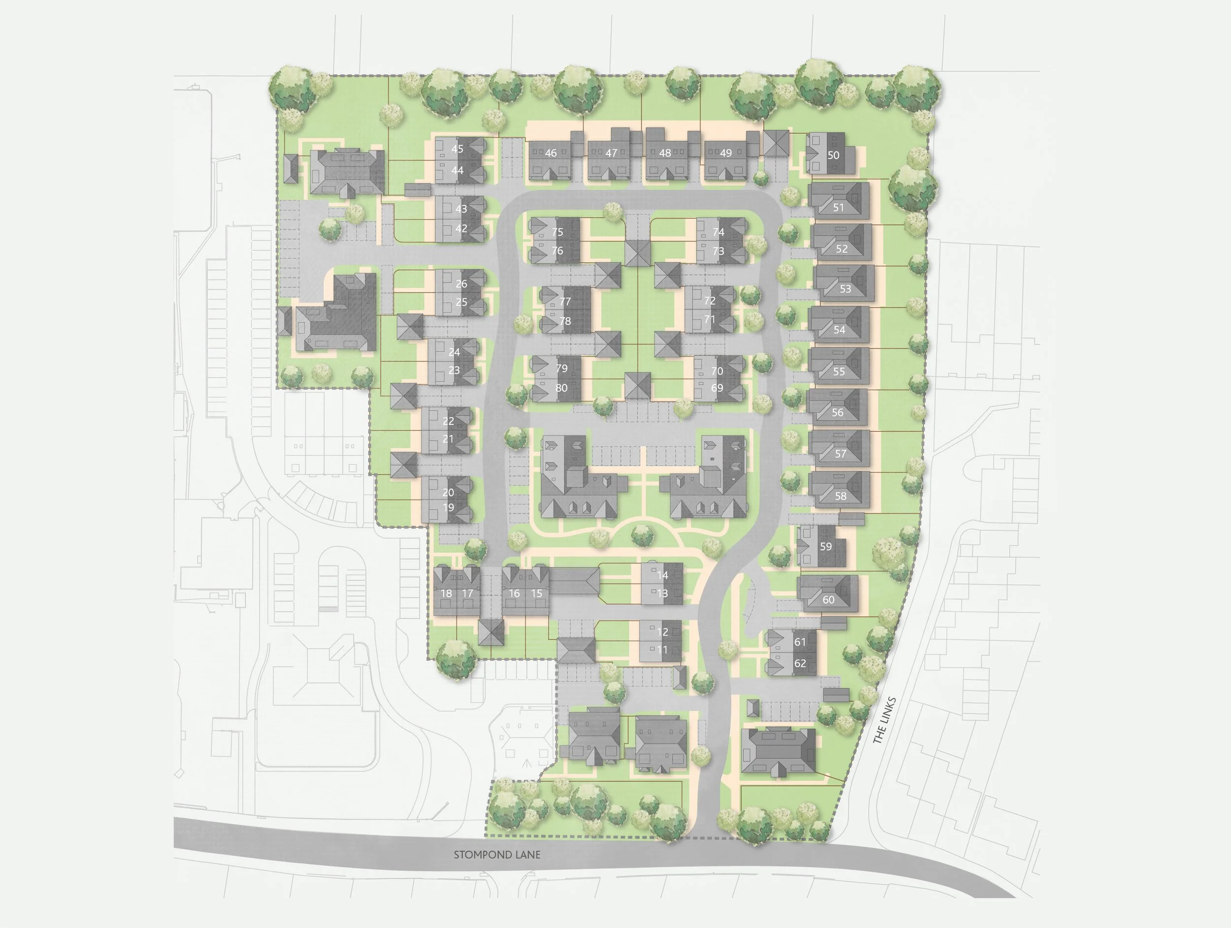 A detailed site plan of a residential area with multiple buildings, roads, and trees.