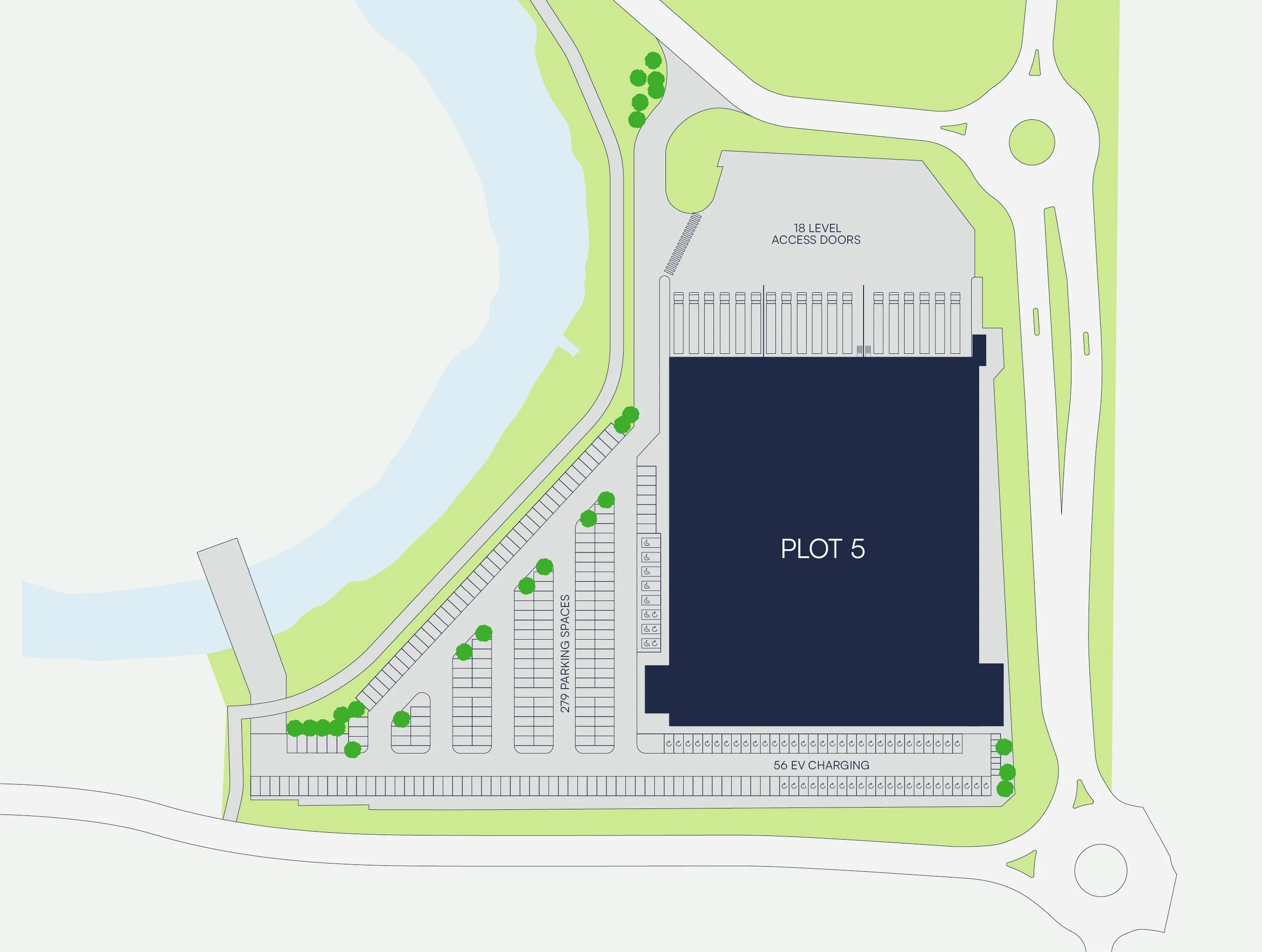 A site plan showing a parking lot with designated spaces, green trees, water body on the left, and a large building labeled 'Plot 5'. The layout includes access roads, electric vehicle charging stations, and stairs or pathways for pedestrians.