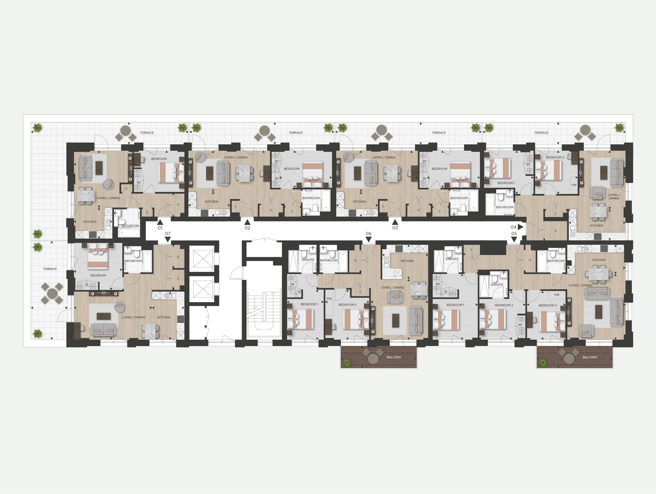 Floor plan of a residential apartment complex with multiple apartments, terraces, balconies, and shared spaces.