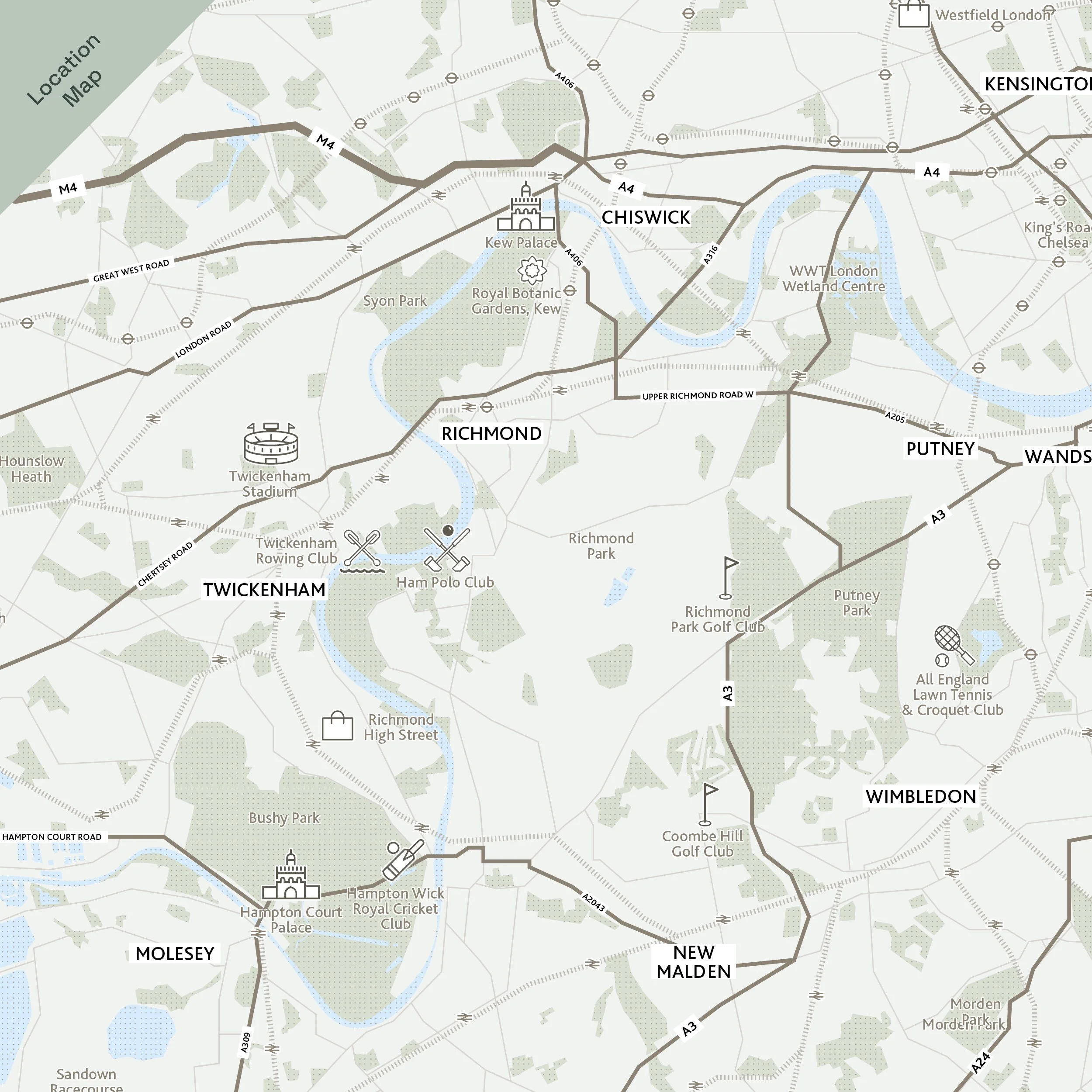 A detailed map of London, including neighborhoods such as Chelsea, Wimbledon, Wandsworth, Richmond, and Twickenham. The map highlights major roads, parks, and landmarks, including the Royal Botanic Gardens in Kew, Kew Palace, and Ham Polo Club.