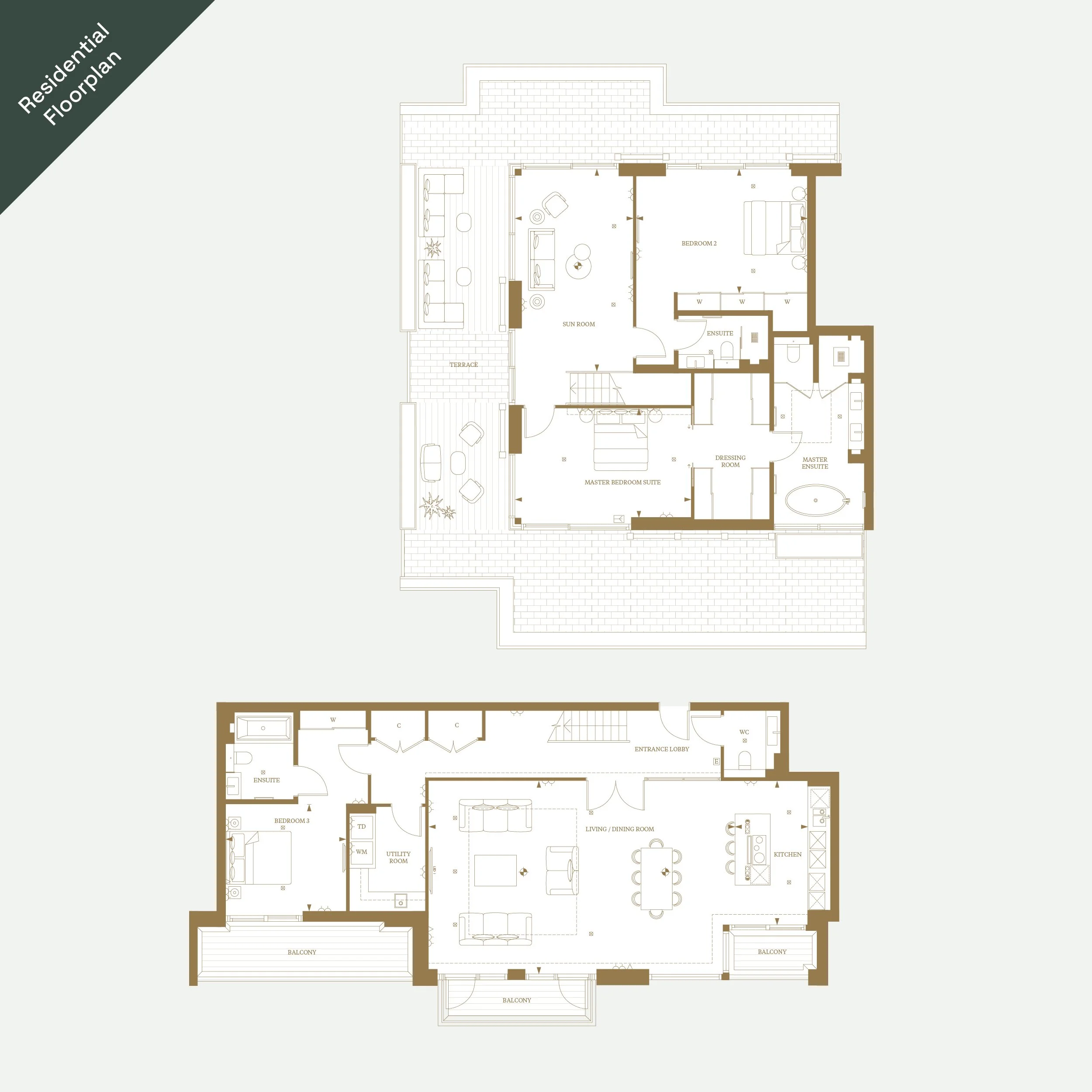 Floor plan layout of a commercial building with multiple rooms and green landscaped areas outside.