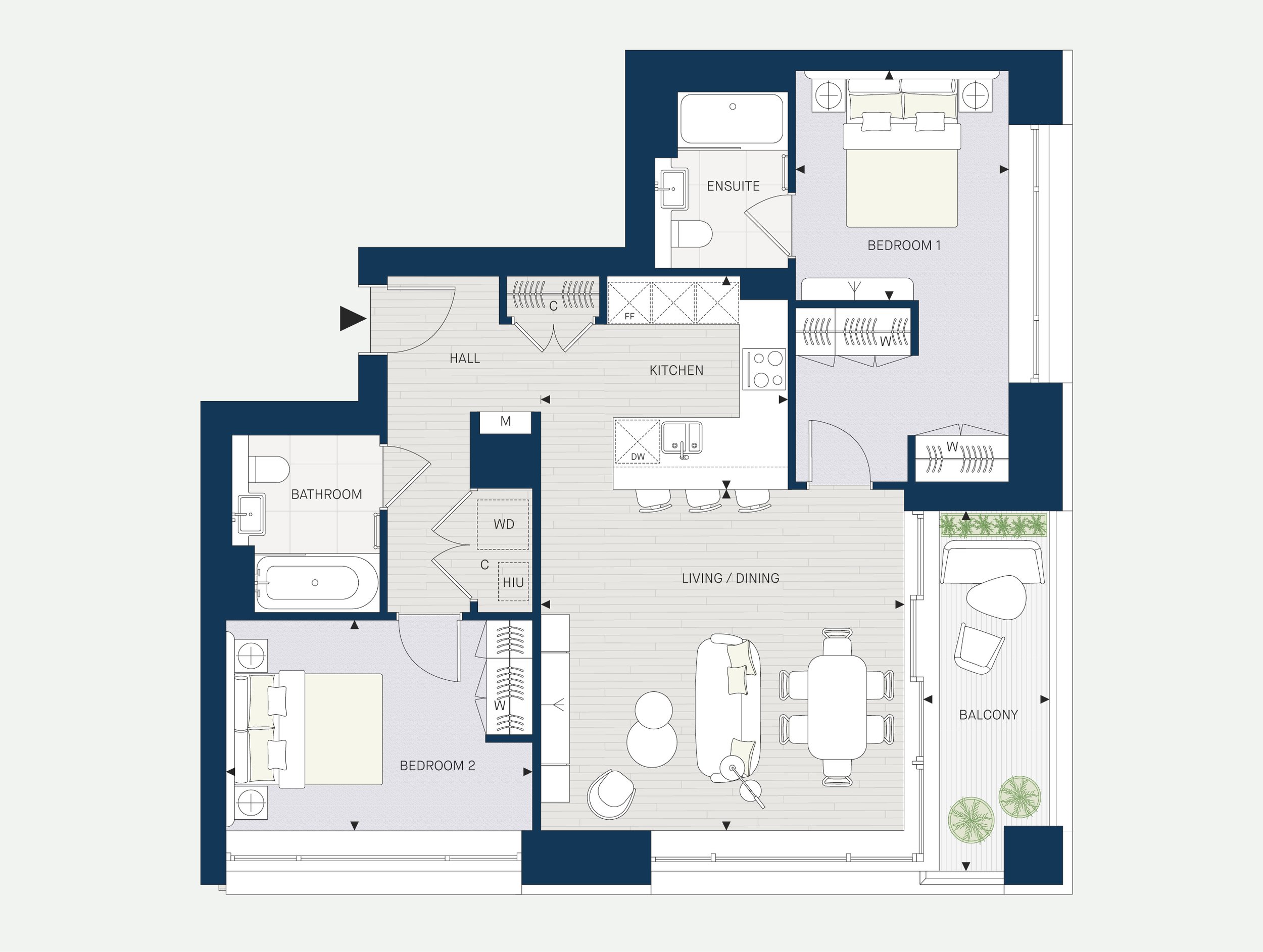 Floor plan of a residential apartment showing bedrooms, bathrooms, kitchen, living/dining area, balcony, and various rooms with label markings.