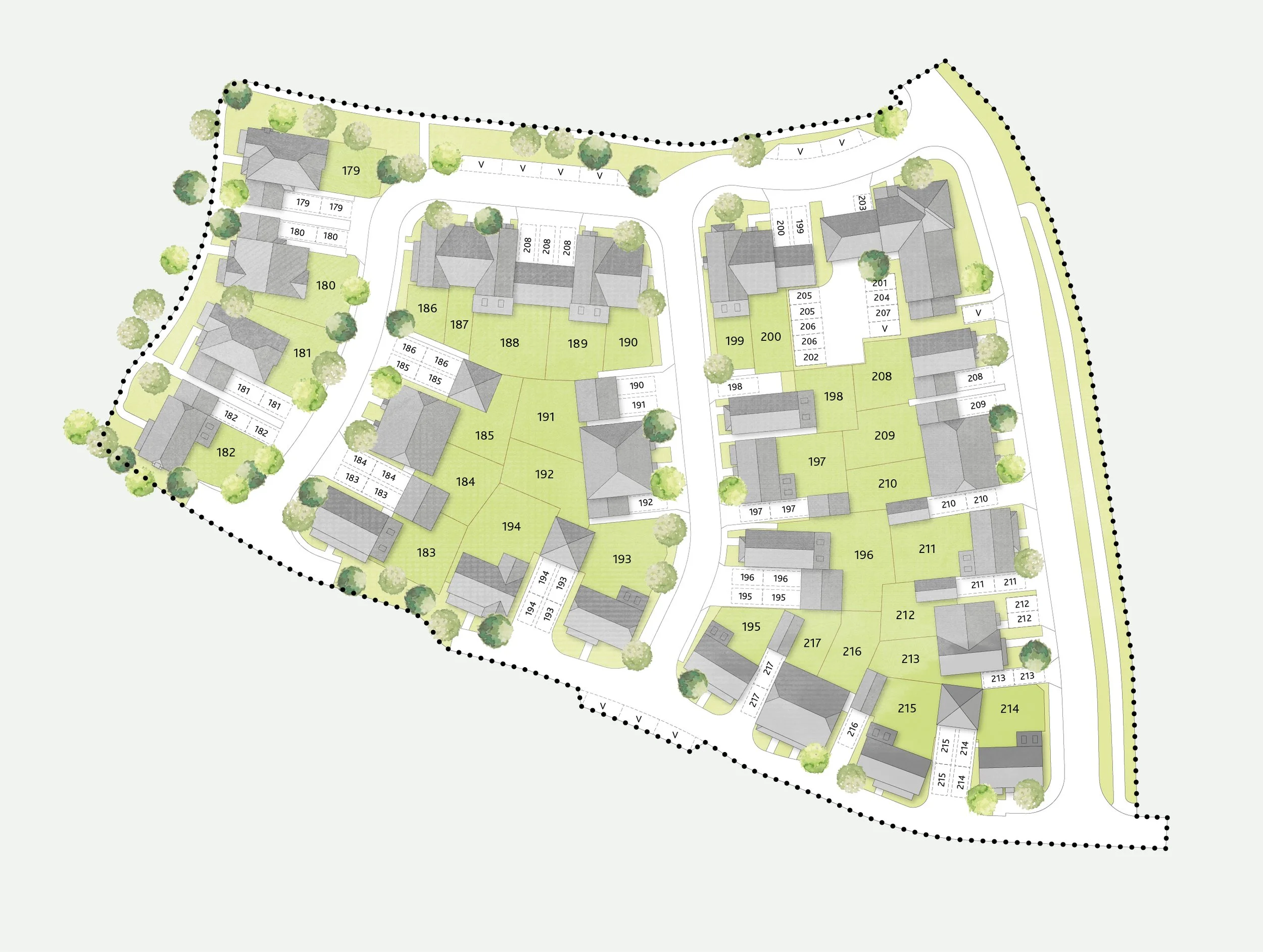 A detailed site plan showing residential houses, streets, trees, and lot numbers, surrounded by a dotted boundary line.