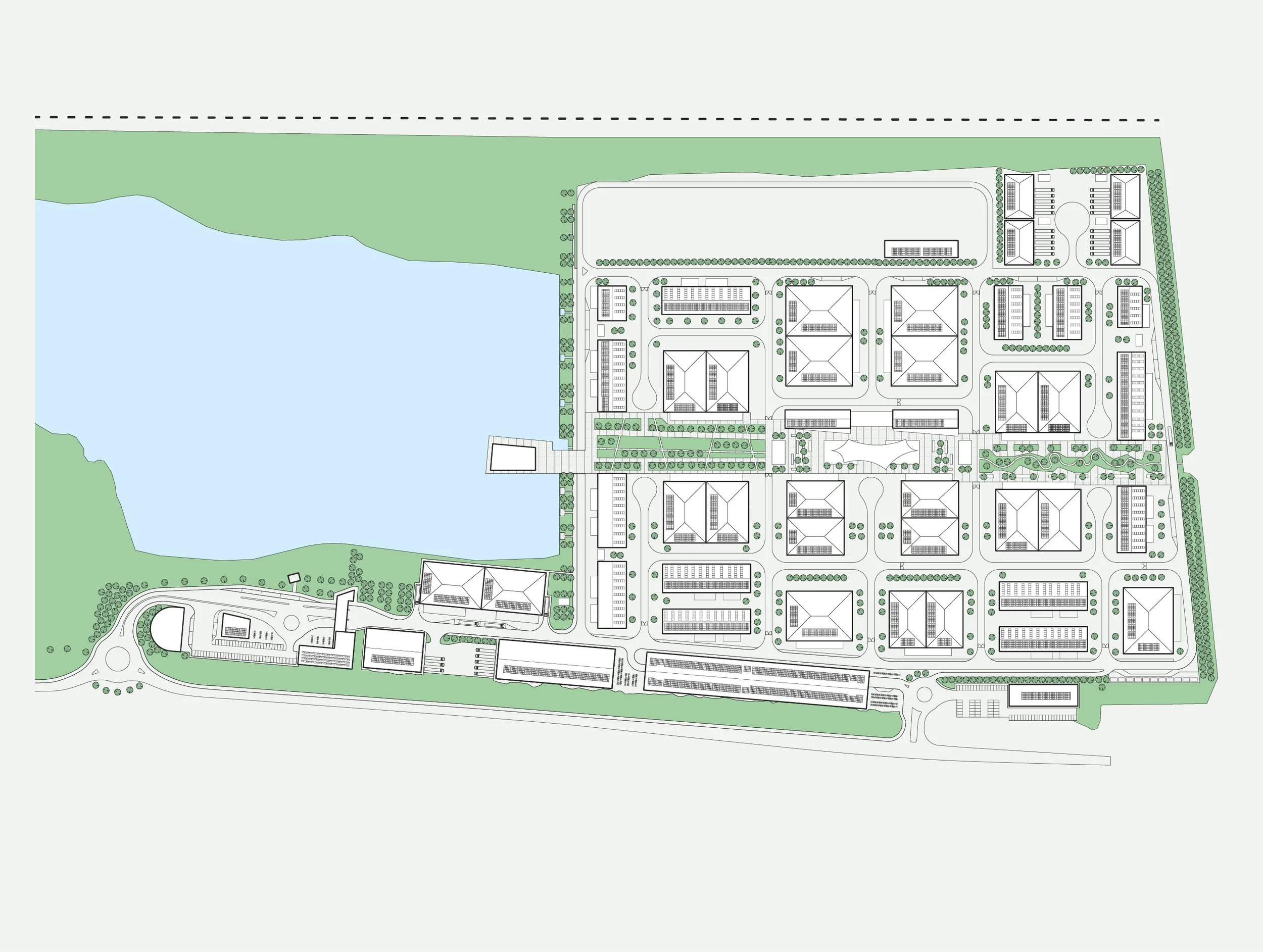 A detailed color-coded site plan showing buildings, roads, parking lots, a large lake on the left, and landscaped areas.