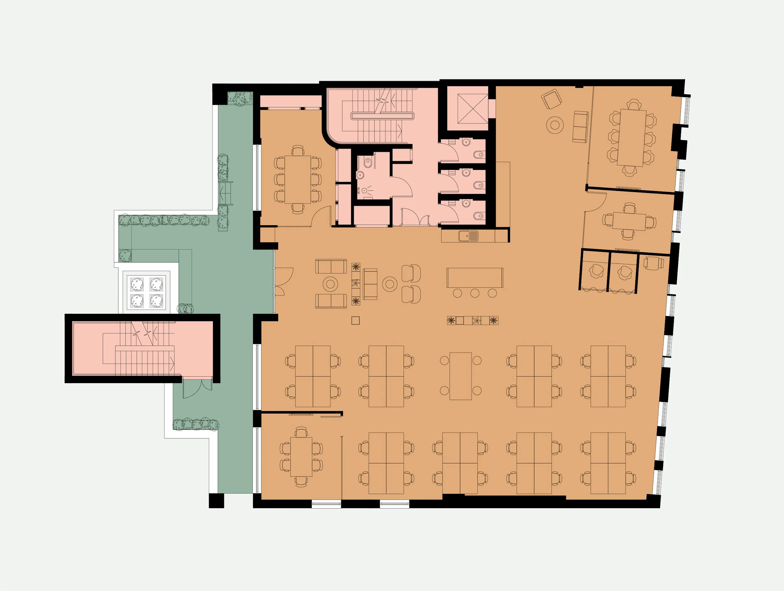 Floor plan of a building with multiple rooms, including an open workspace with desks, a conference room with a long table, and restrooms, with an outdoor garden area on the left.