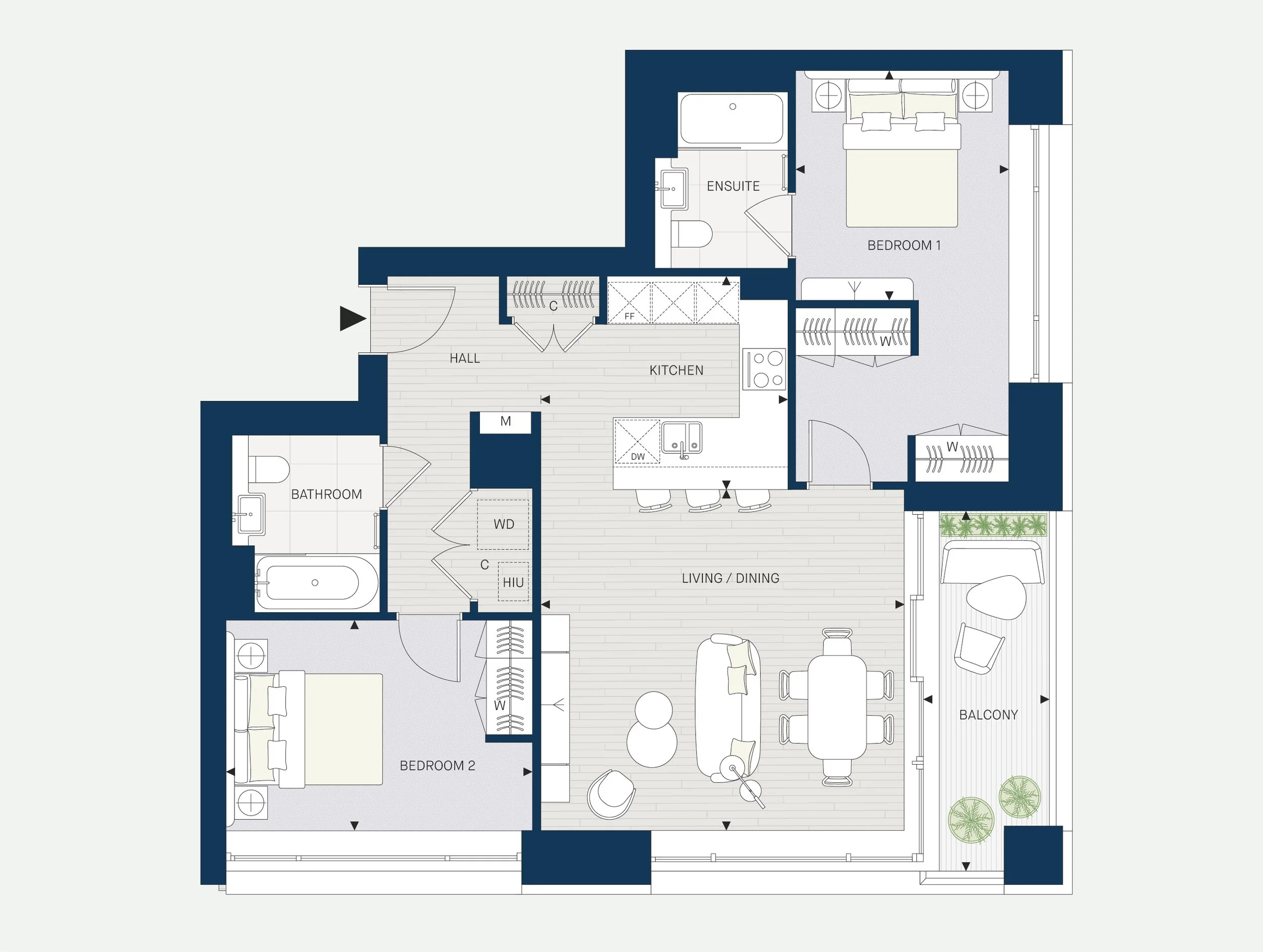 Floor plan of a residential apartment showing two bedrooms, a bathroom, an ensuite, a living/dining area, kitchen, hall, balcony, and outdoor plants.