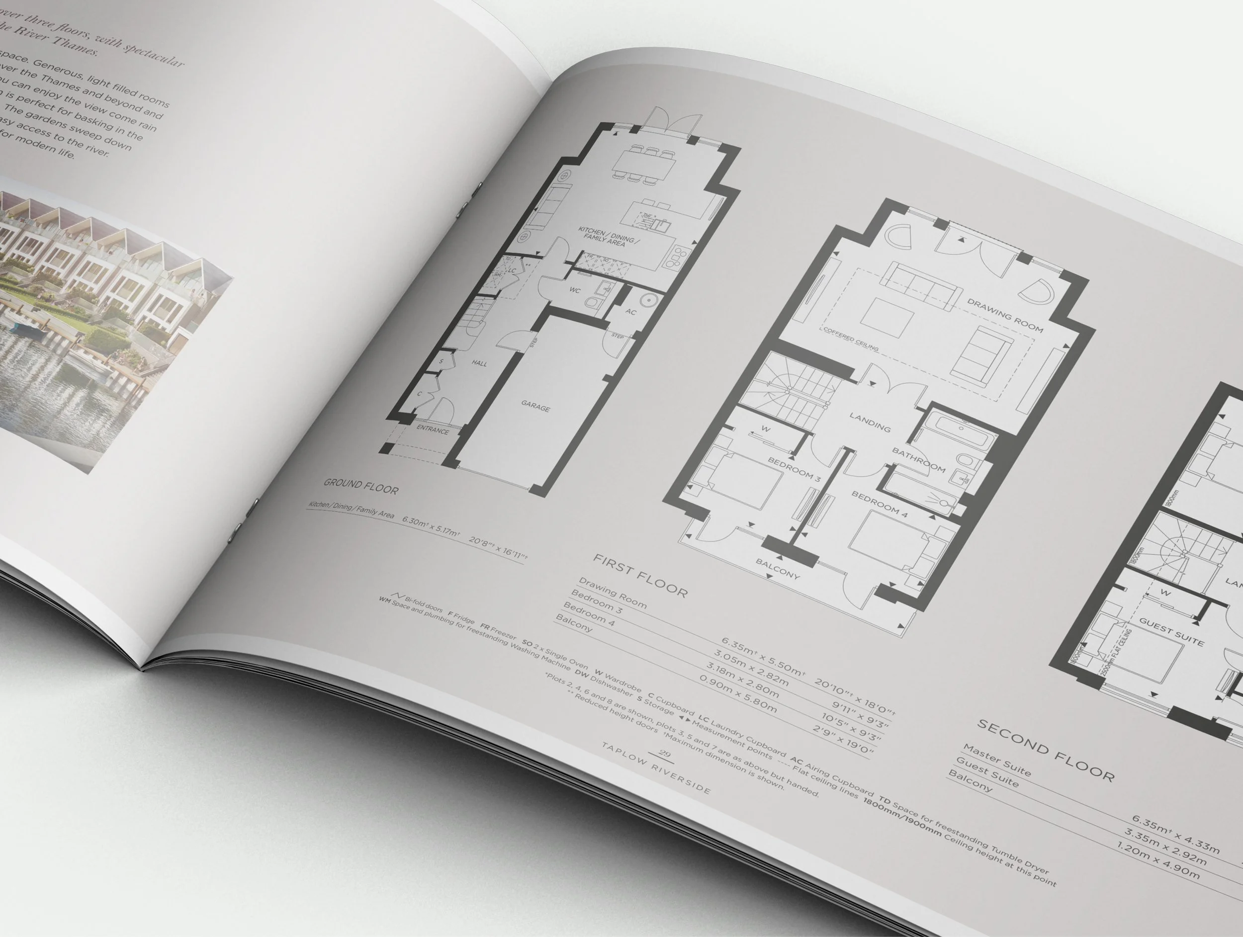 Open floor plan blueprint showing rooms and layout, with a building exterior image on the left side.