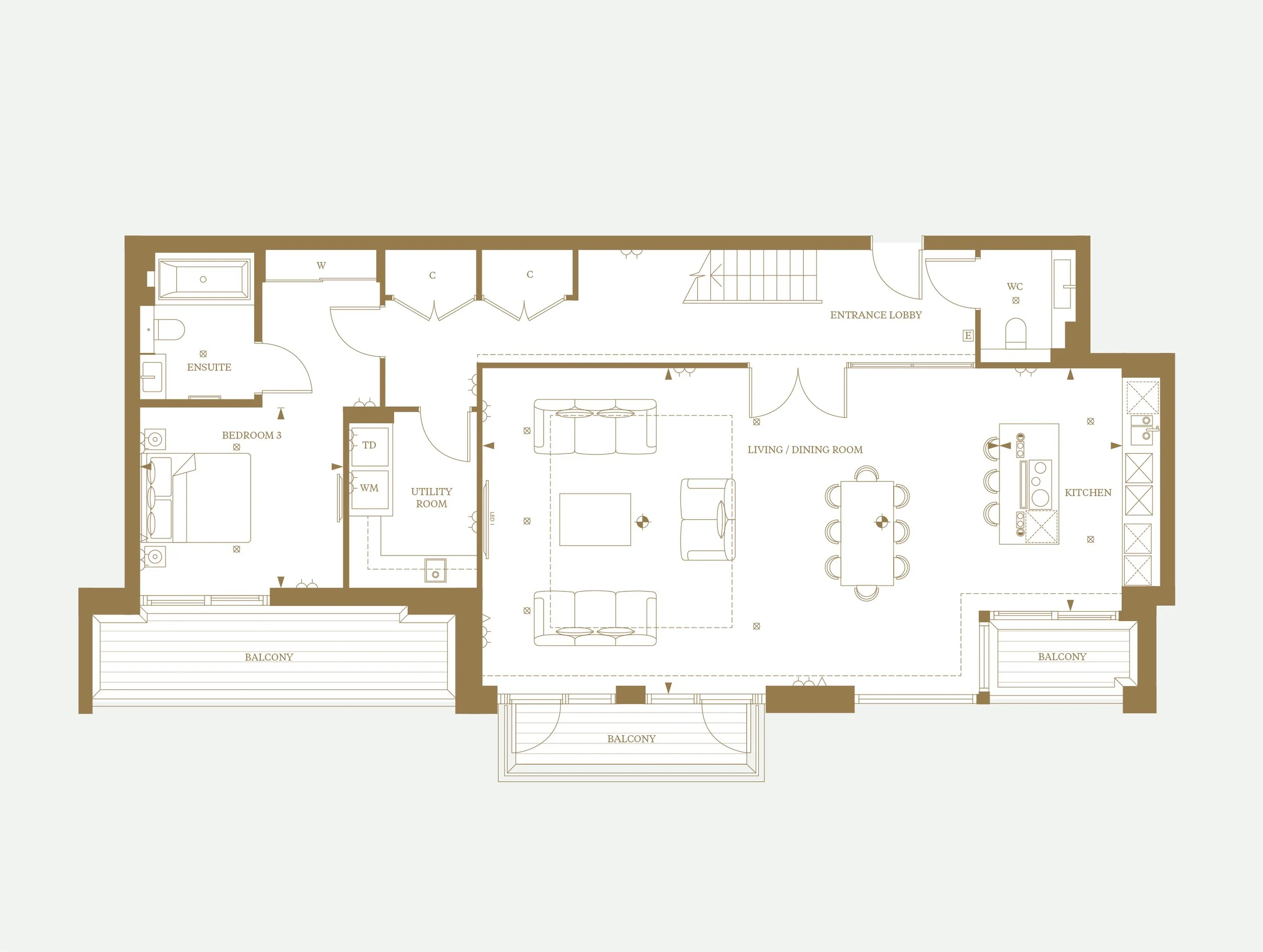 Floor plan layout showing multiple rooms, including bedrooms, bathrooms, kitchen, living/dining area, utility room, and balconies.