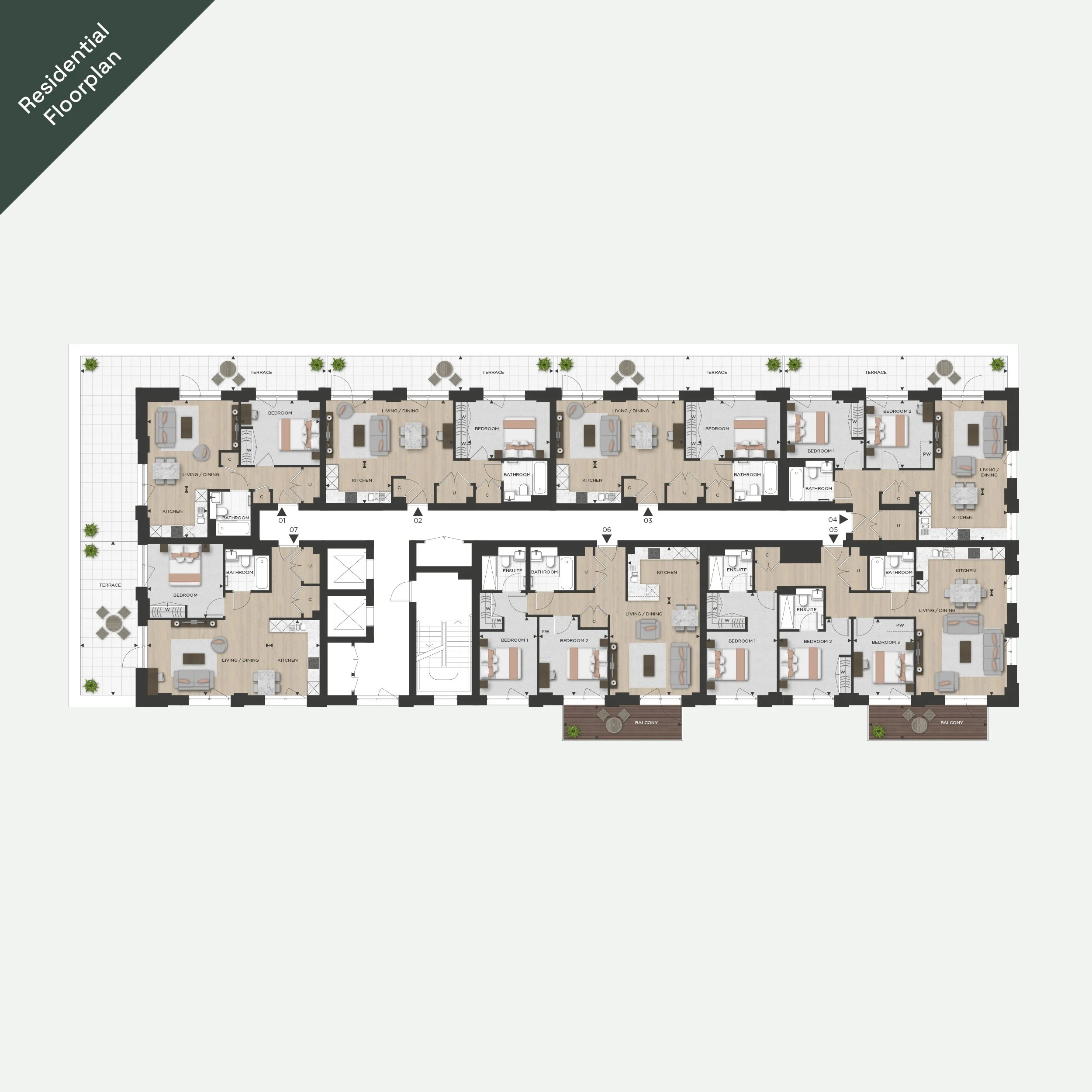 Floor plan of a residential building showing multiple apartments with bedrooms, bathrooms, kitchens, living/dining areas, terraces, and balconies.
