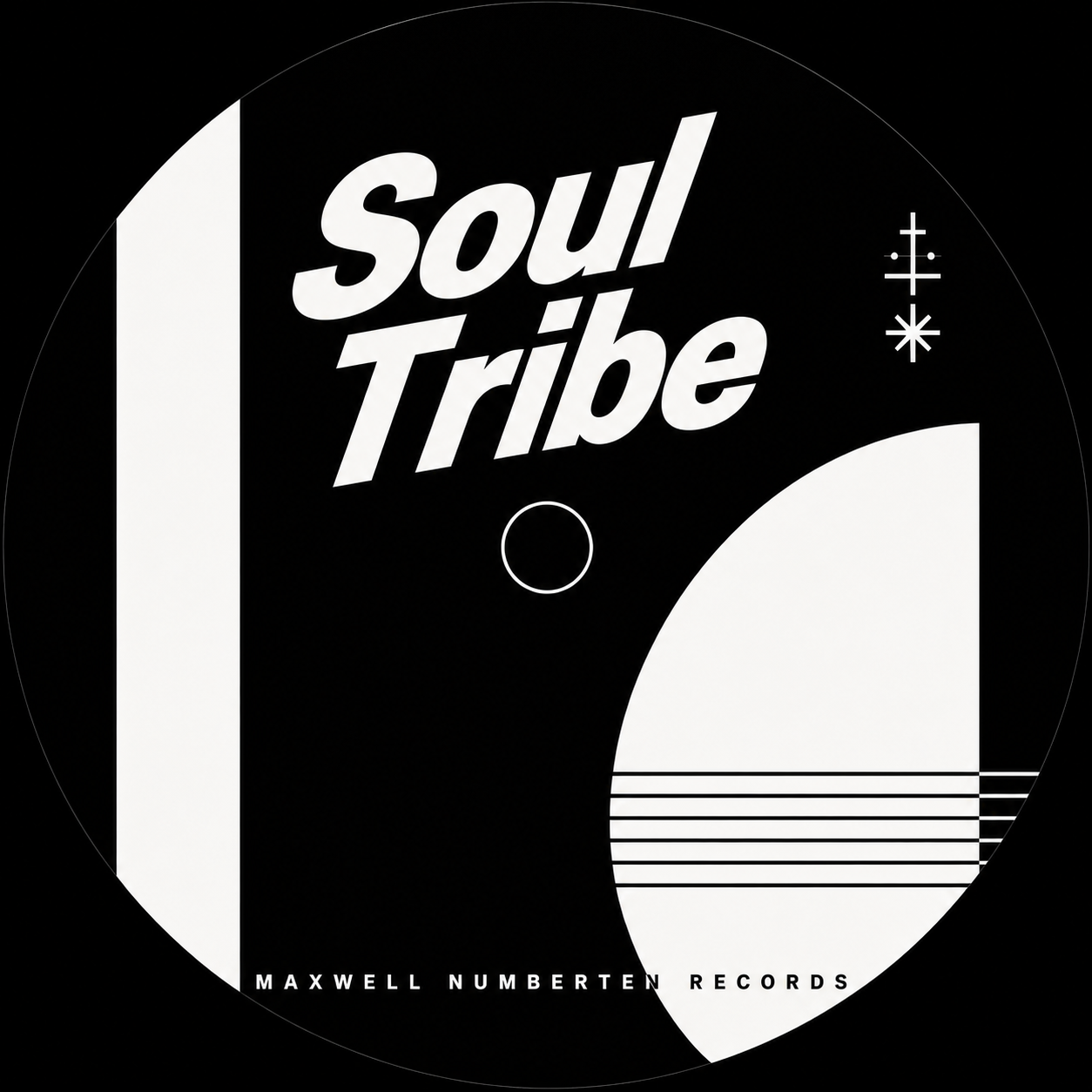 Black and white graphic design with the words 'Soul Tribe' in bold white letters, geometric shapes, and smaller text 'Maxwell Numberten Records' at the bottom.
