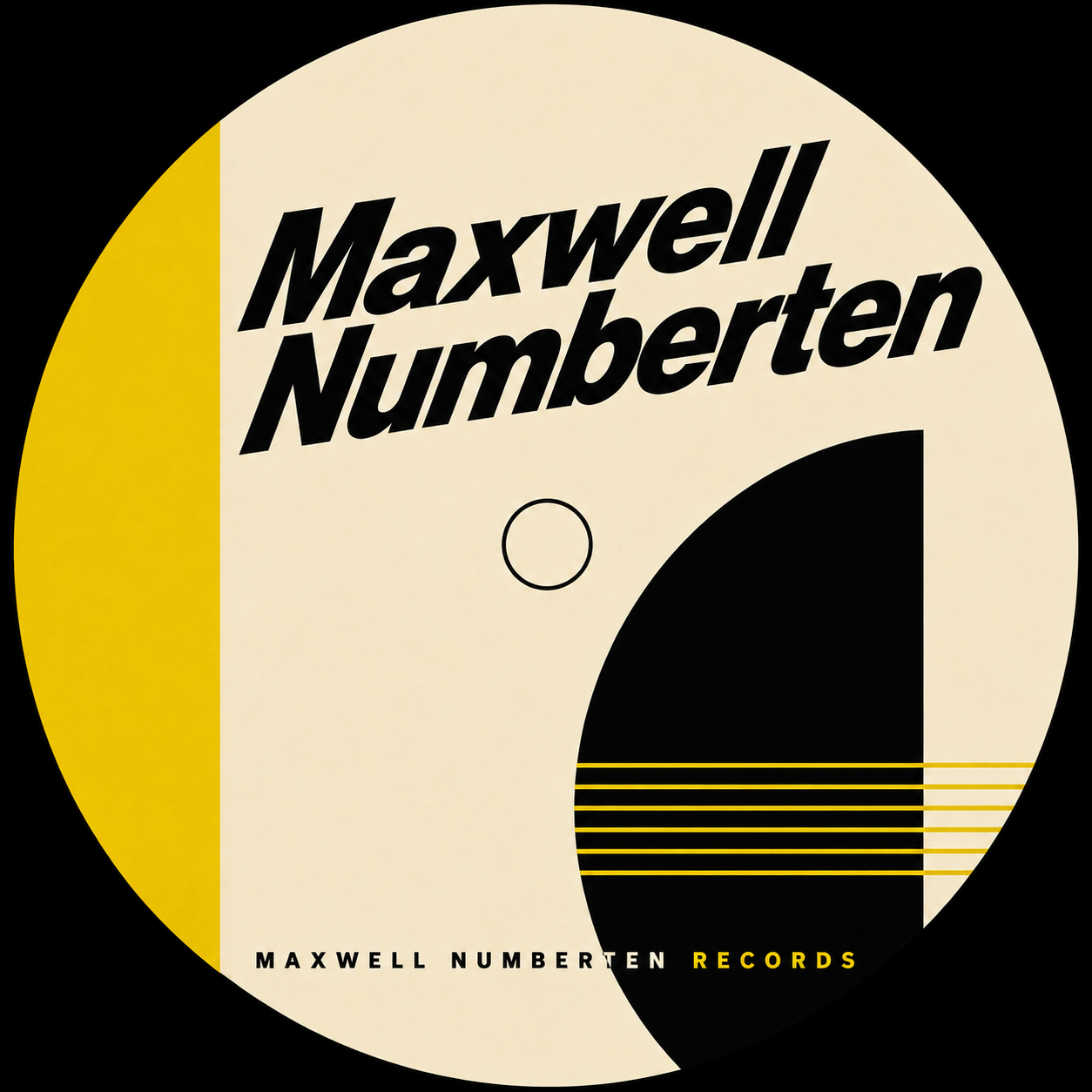 Design for Maxwell Numberten Records with bold black text on a beige circle, featuring black and yellow geometric elements.