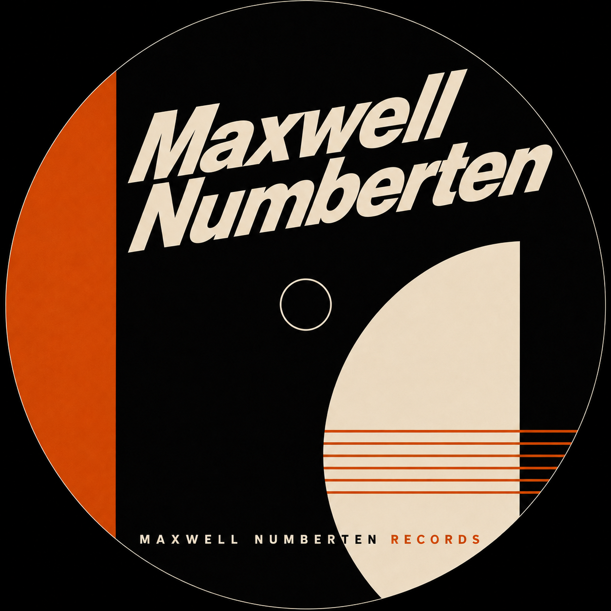 Close-up of a record label featuring the name Maxwell Numberten Records in bold white text on a black background with geometric red and white design elements.