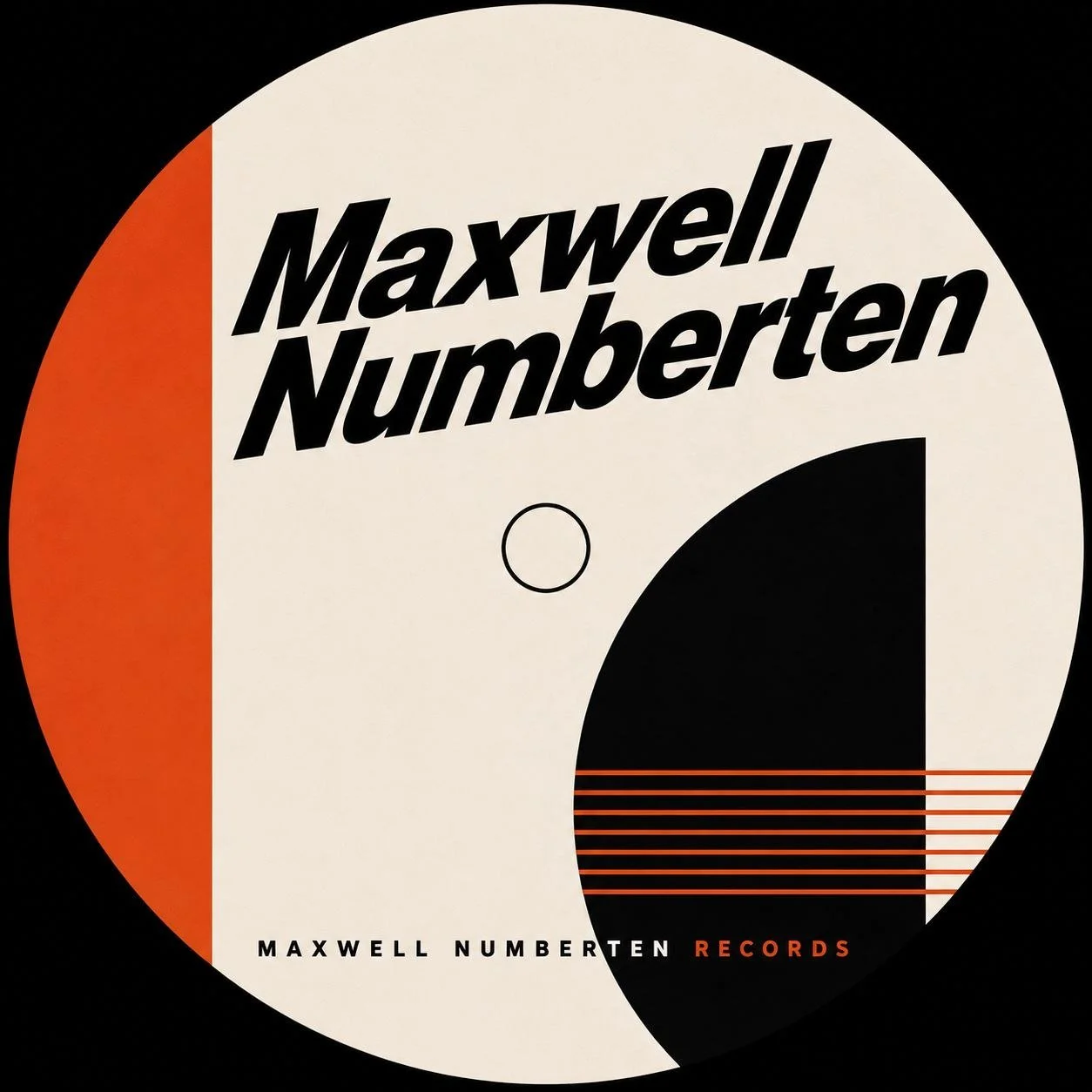 Design of a record label with black, white, orange, and red colors, featuring the text 'Maxwell Number ten Records'.