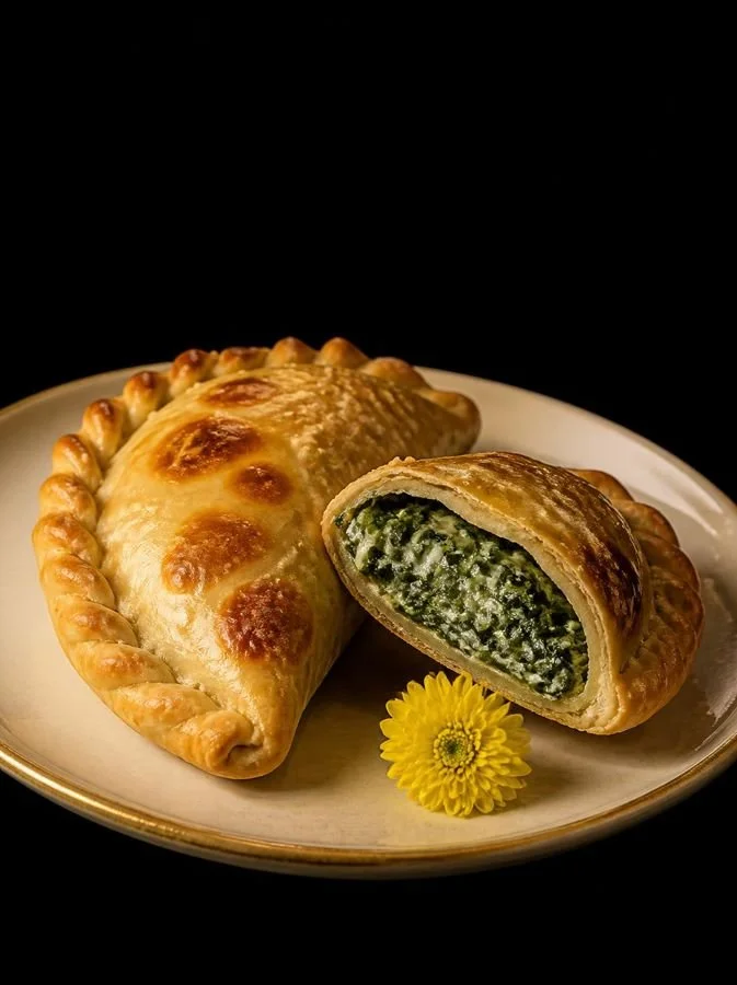 Spinach and cheese empanada cut open