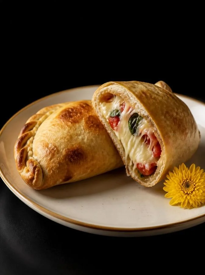Cheese and tomato empanada cut open