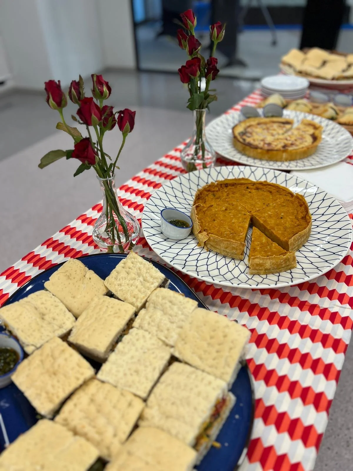 Pumpkin quiche and focaccia sandwiches with roses