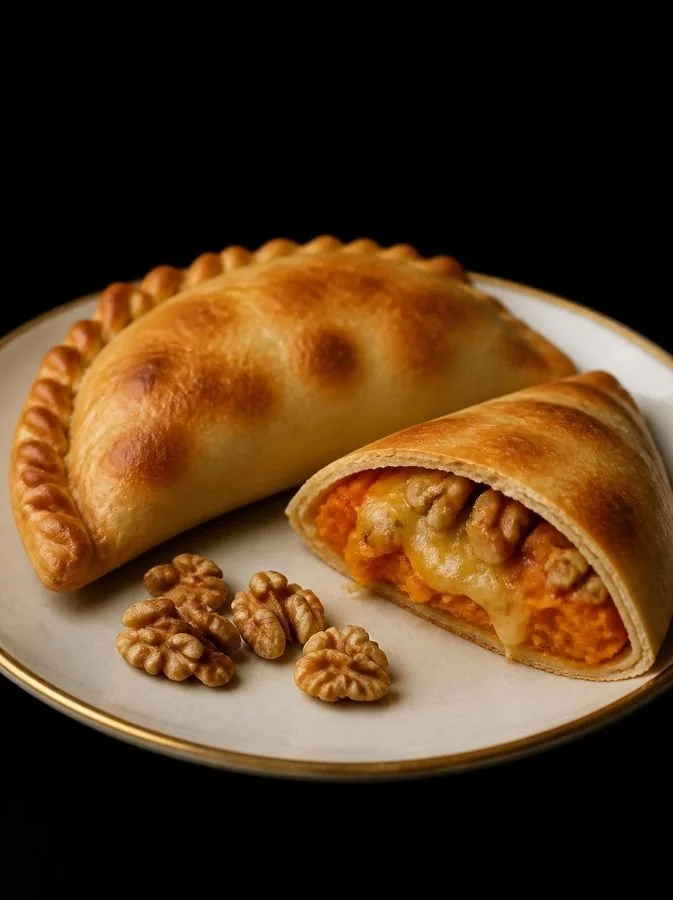 Pumpkin, cheese and walnut empanada cut open