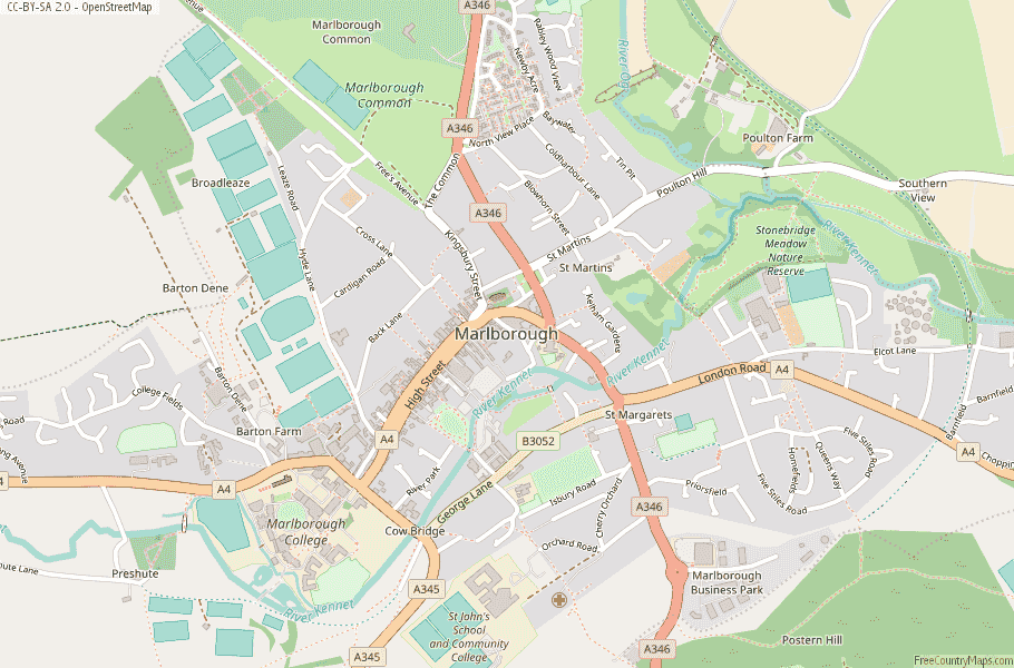 Map of Marlborough, showing roads, parks, schools, and landmarks like Marlborough College, Marlborough Business Park, and Stonebridge Meadow Nature Reserve.