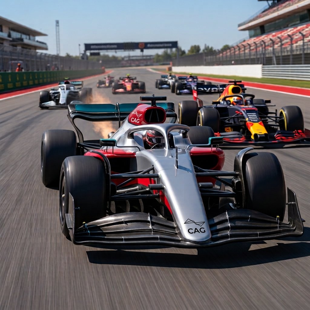A race car leading other cars during a Formula 1 race on a track with grandstands and a clear sky.