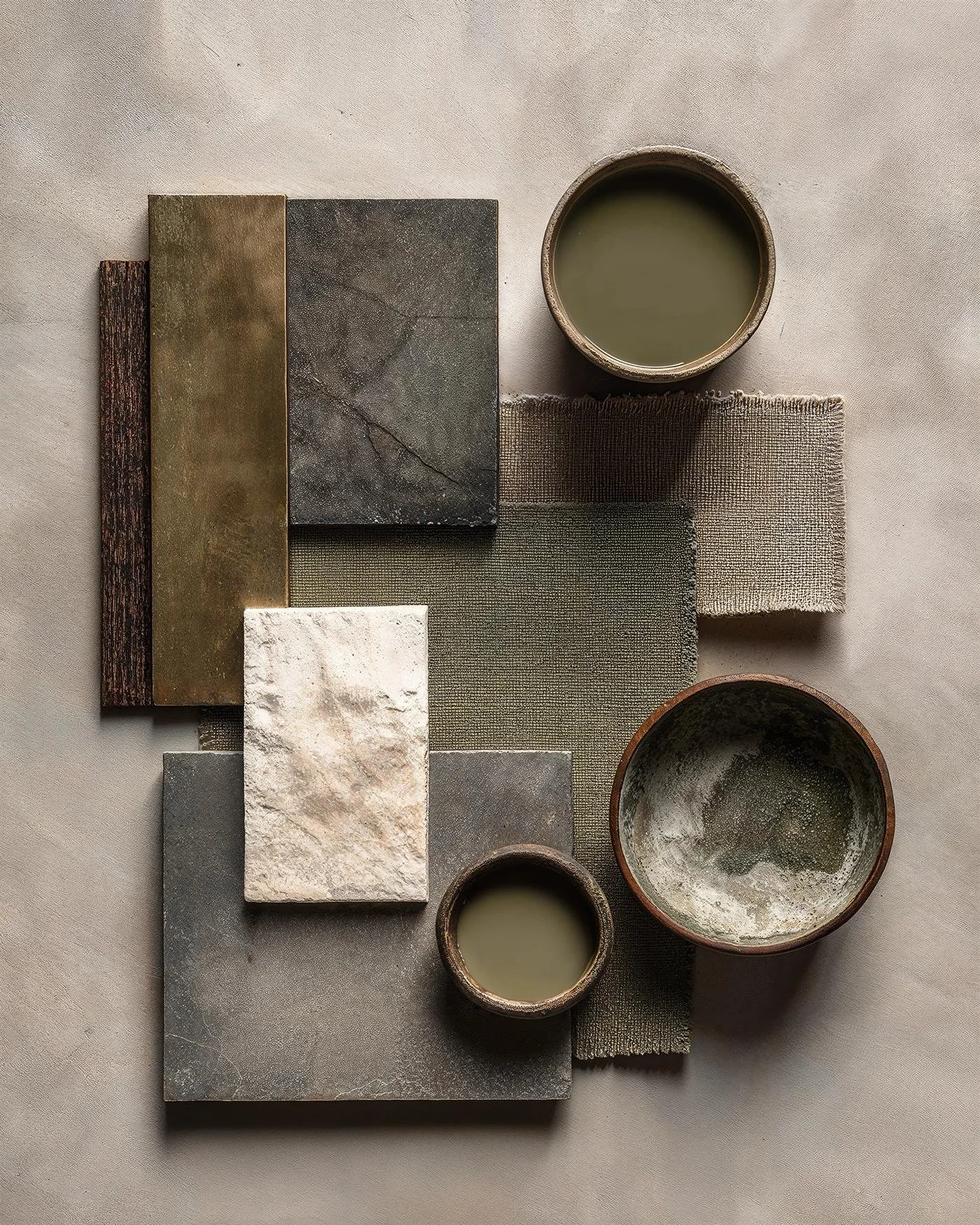 An assortment of different textured and colored tiles and ceramic bowls arranged on a neutral background.