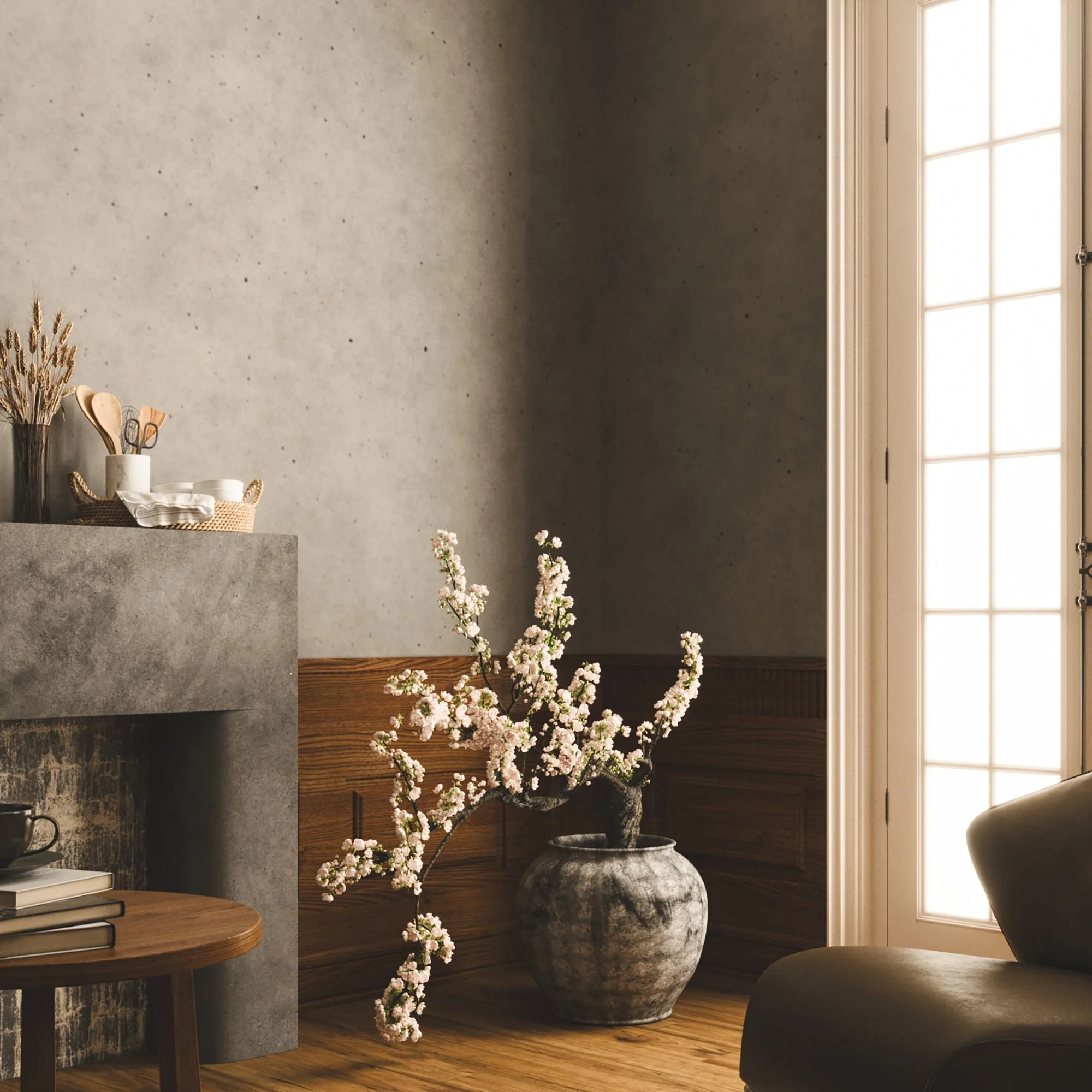 A cozy interior corner with a large potted pink flowering plant, a wooden table with a stack of books, a black coffee mug, and decorative dried grasses in a white vase. There's a window with natural light and a textured wall behind.