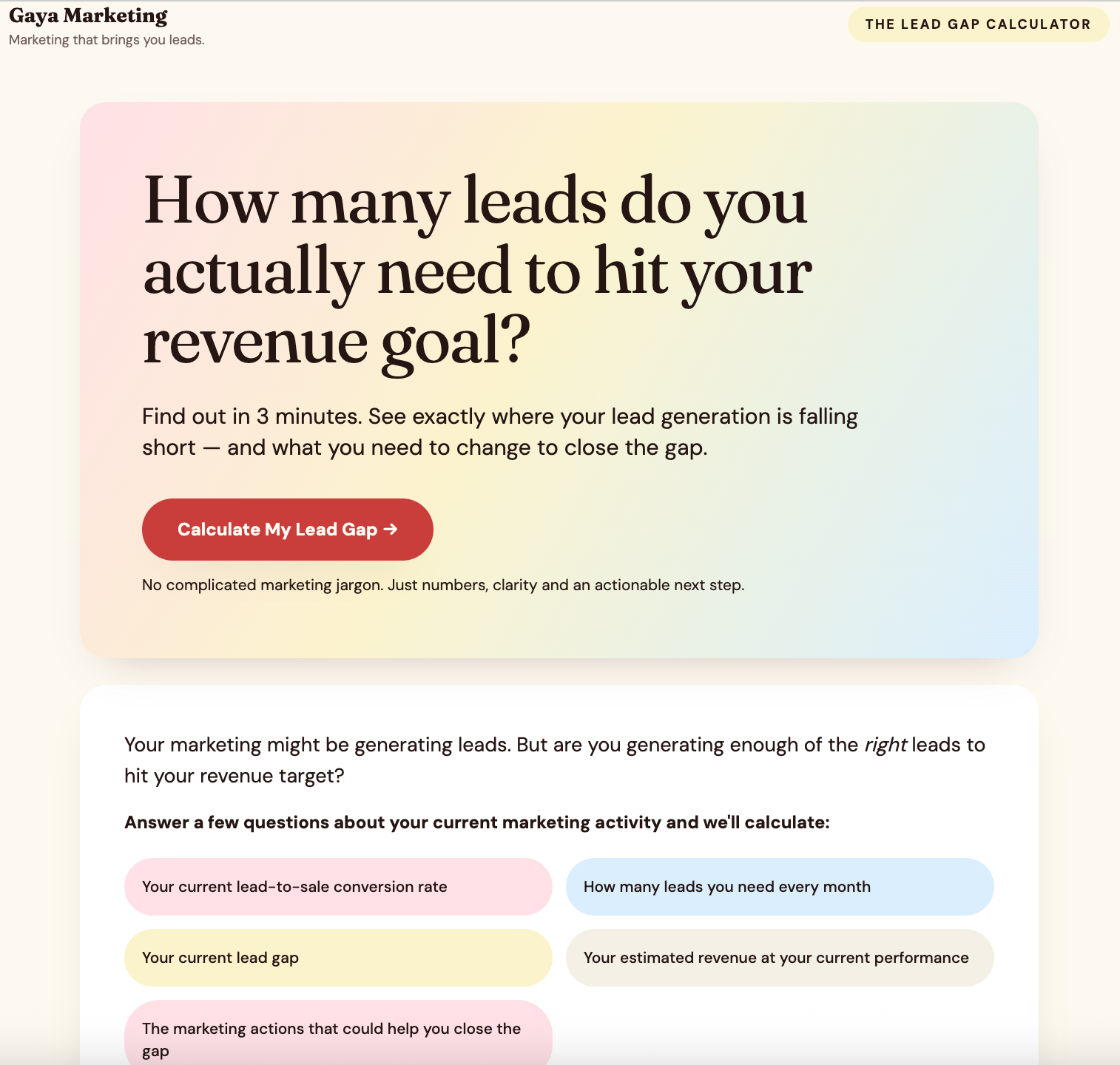 Screenshot of Gaya Marketing's webpage titled "The Lead Gap Calculator." The page features a large question asking how many leads are needed to hit revenue goals, a red button labeled "Calculate My Lead Gap," and some introductory text about marketing and lead generation.
