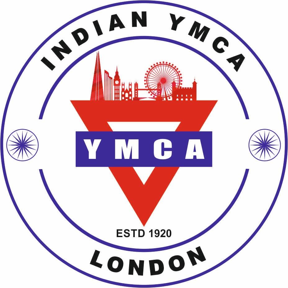 Logo of Indian YMCA London featuring a red triangle, a cityscape with notable buildings, a Ferris wheel, and a tower, with the YMCA acronym in a blue rectangle and the text 'Indian YMCA London ESTD 1920' around the circle.