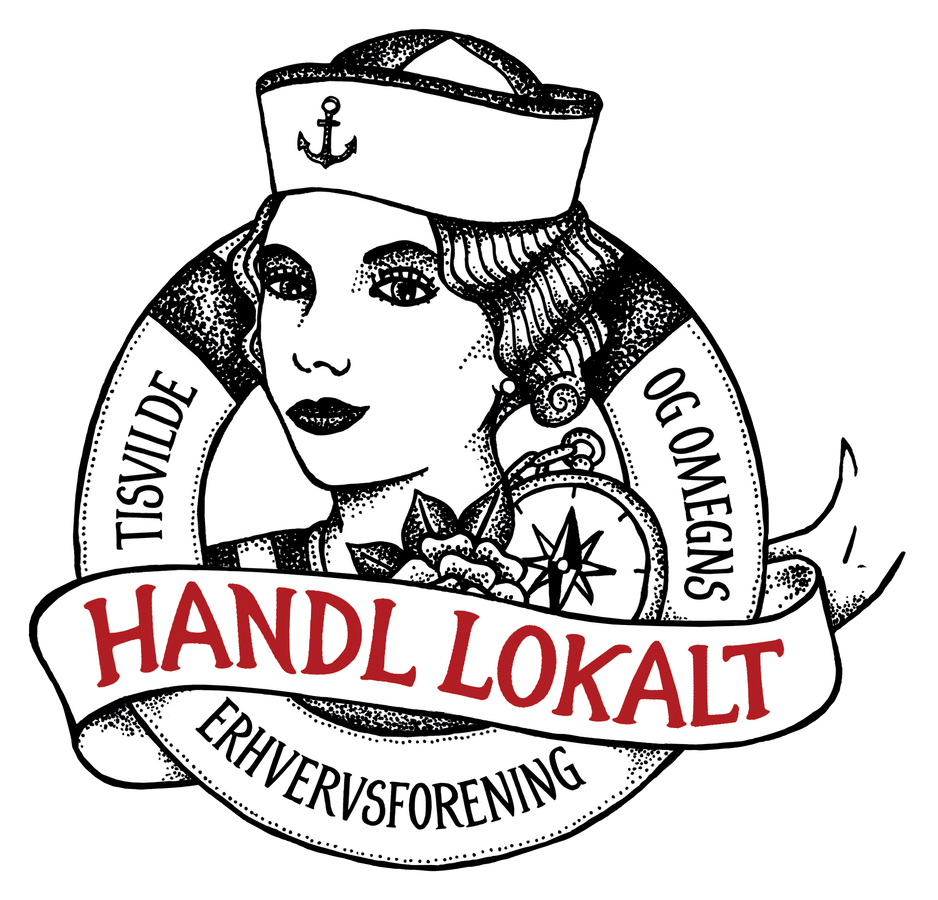 Logo med en tegning af en kvindelig sømandshoved i sort og hvid, omgivet af en tekstbånd med teksten 'TISVILDE OG OMEGÅNS ERHVERV SF' og en bane med kompas, samt en banner med teksten 'HANDL LOKALT'.