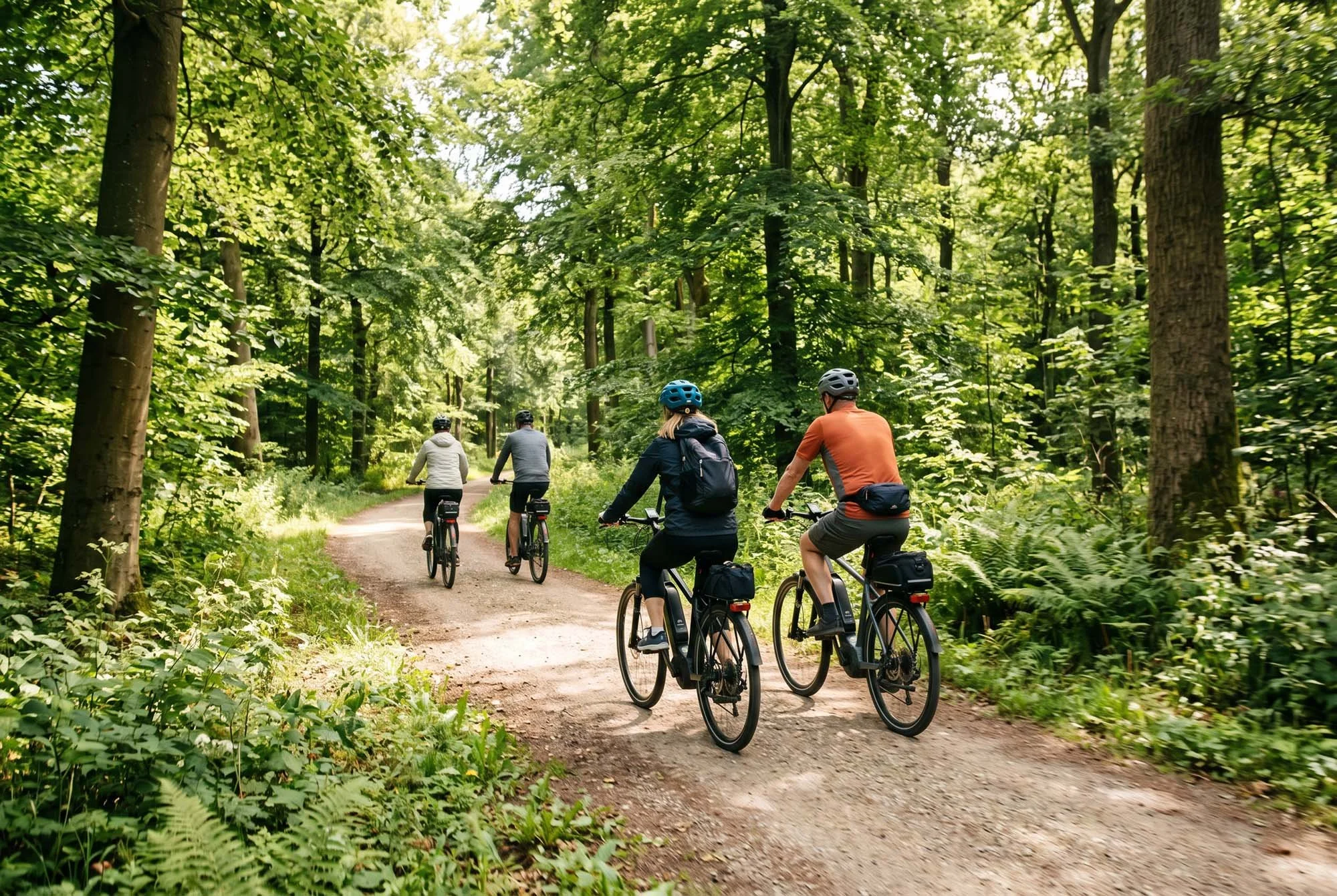 Fire personer cykler på en sti i en grøn skov omgivet af høje træer med tyk løv. Det er dag, og lyset trænger gennem bladene.
