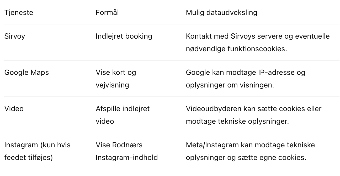 Et skema med kolonner om tjenester, formål og mulige dataudveksling, indeholder rækker om Sirvoy, Google Maps, Video og Instagram, hver med kort beskrivelse.