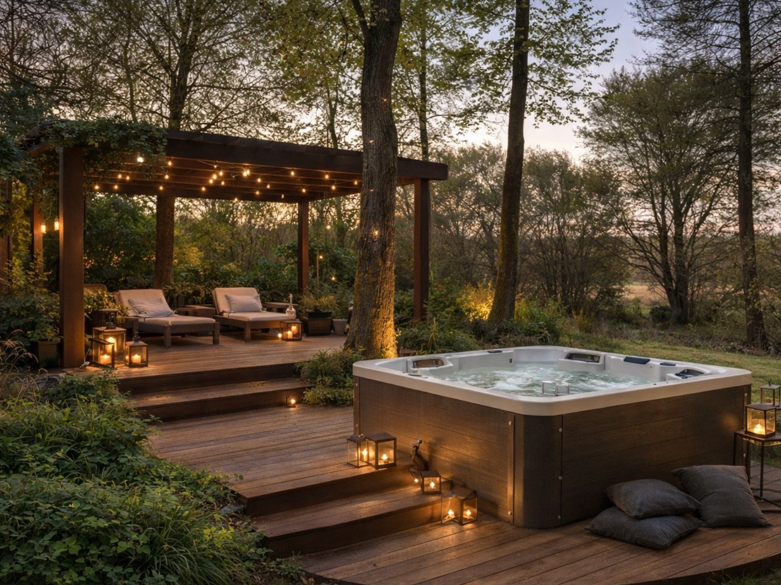 Udendørs spa-område ved solnedgang med jacuzzi, komfortable udendørsmøbler under en baldakin med lys, omgivet af natur og træer, hyggelige lanterner oplyser området.