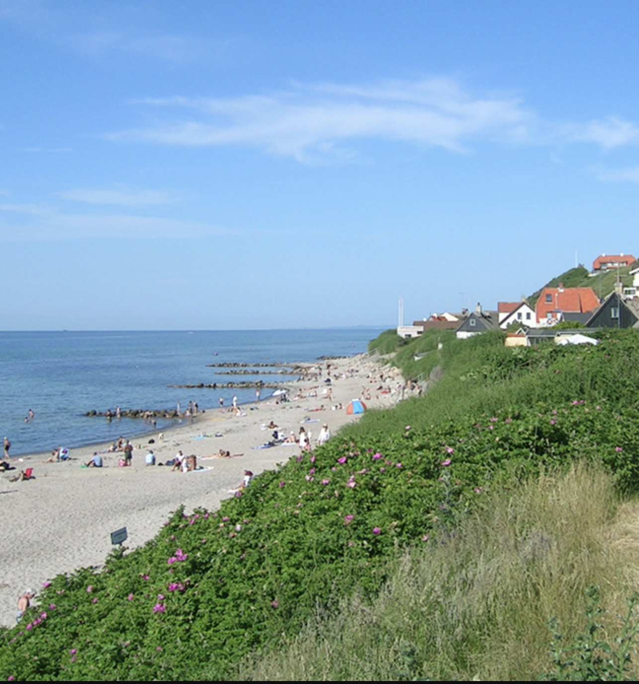 En strand med solbadende mennesker, en udskåret stenmur i vandet, grønne klipper med huse, blå himmel med få skyer.