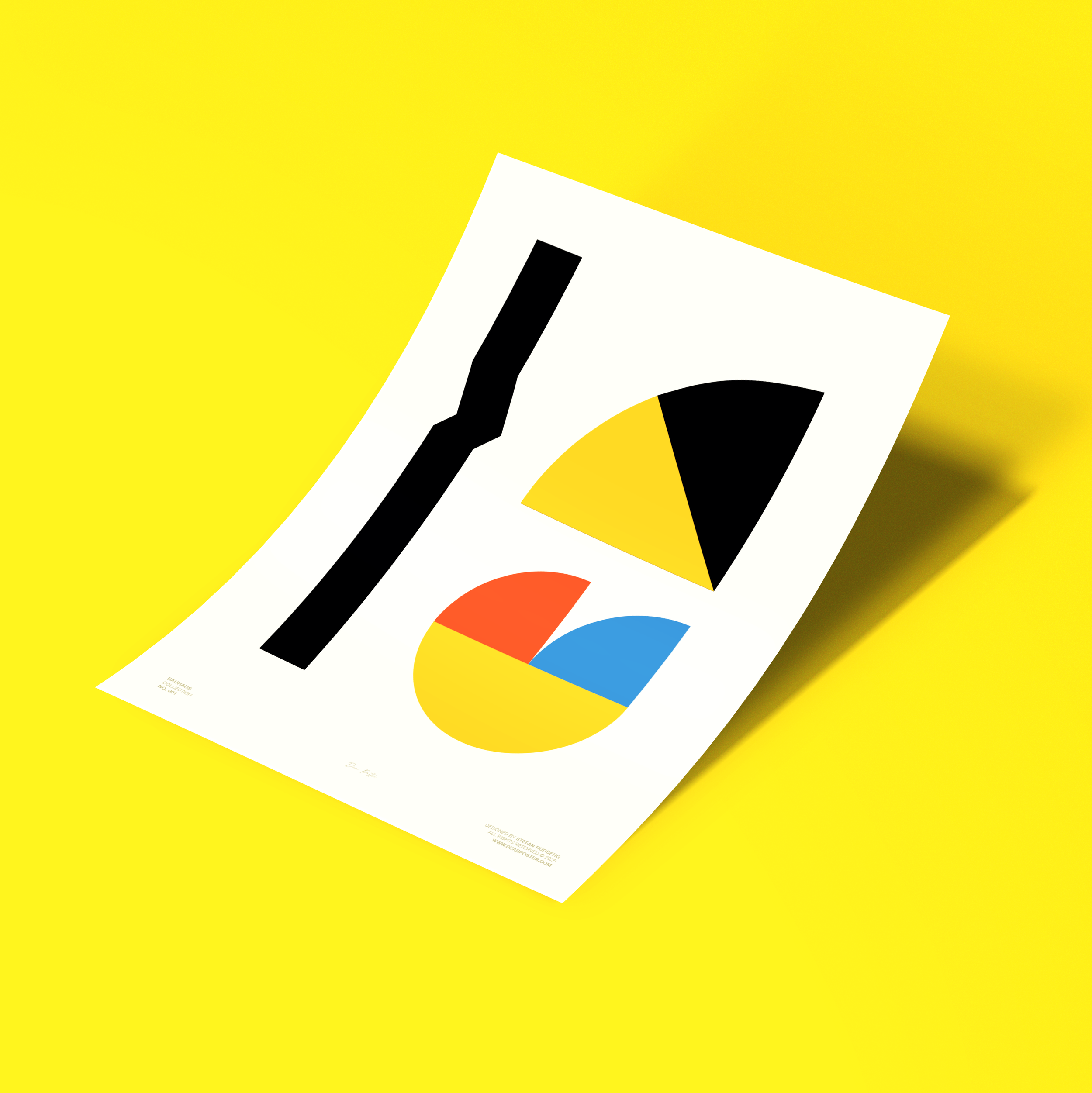 Et grafisk design med et sort og hvidt ansigt mod en gul baggrund, samt nogle kasser med tekst.