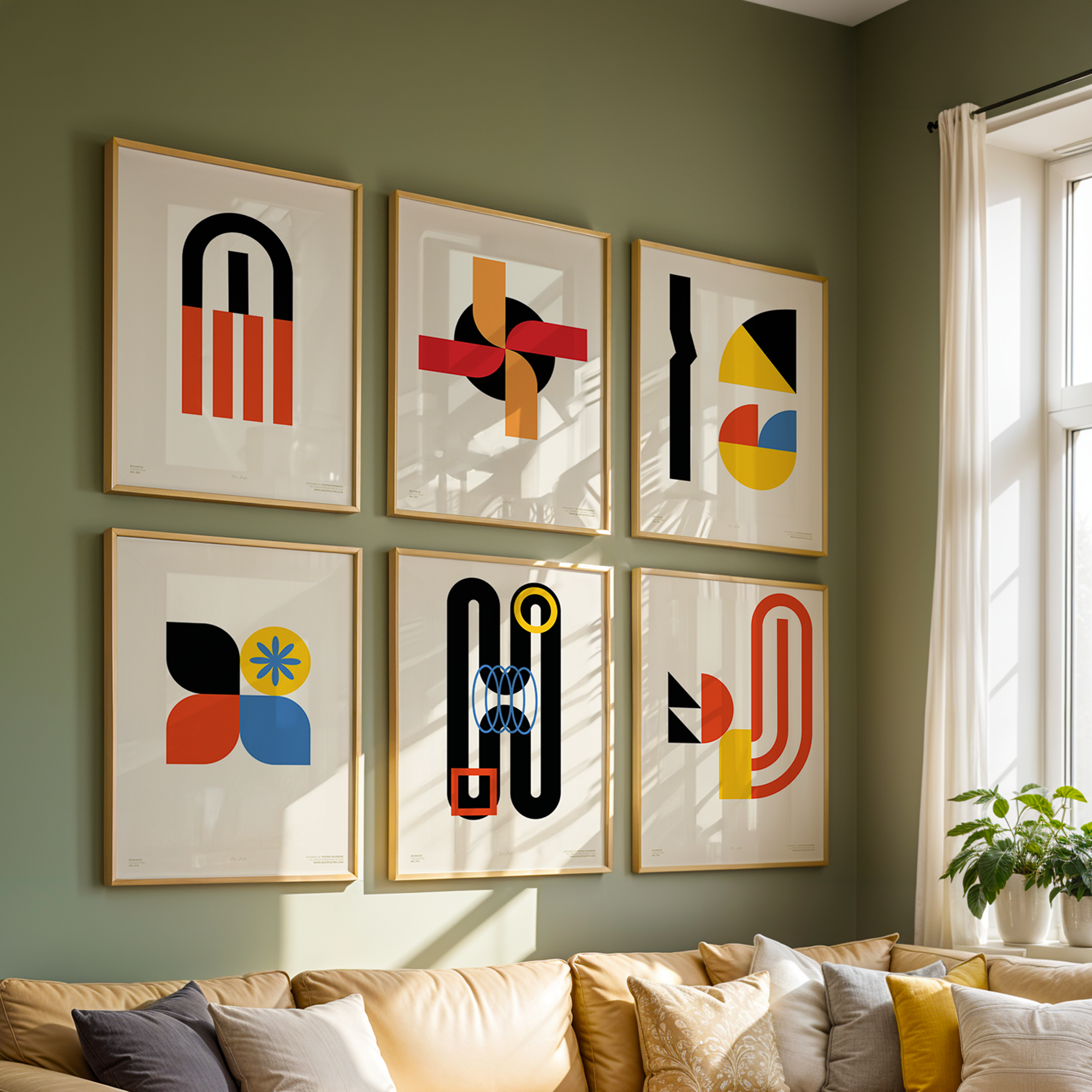 Farverigt kunsttryk af geometriske former hænger på en grøn væg over en beige sofa med flere puder.