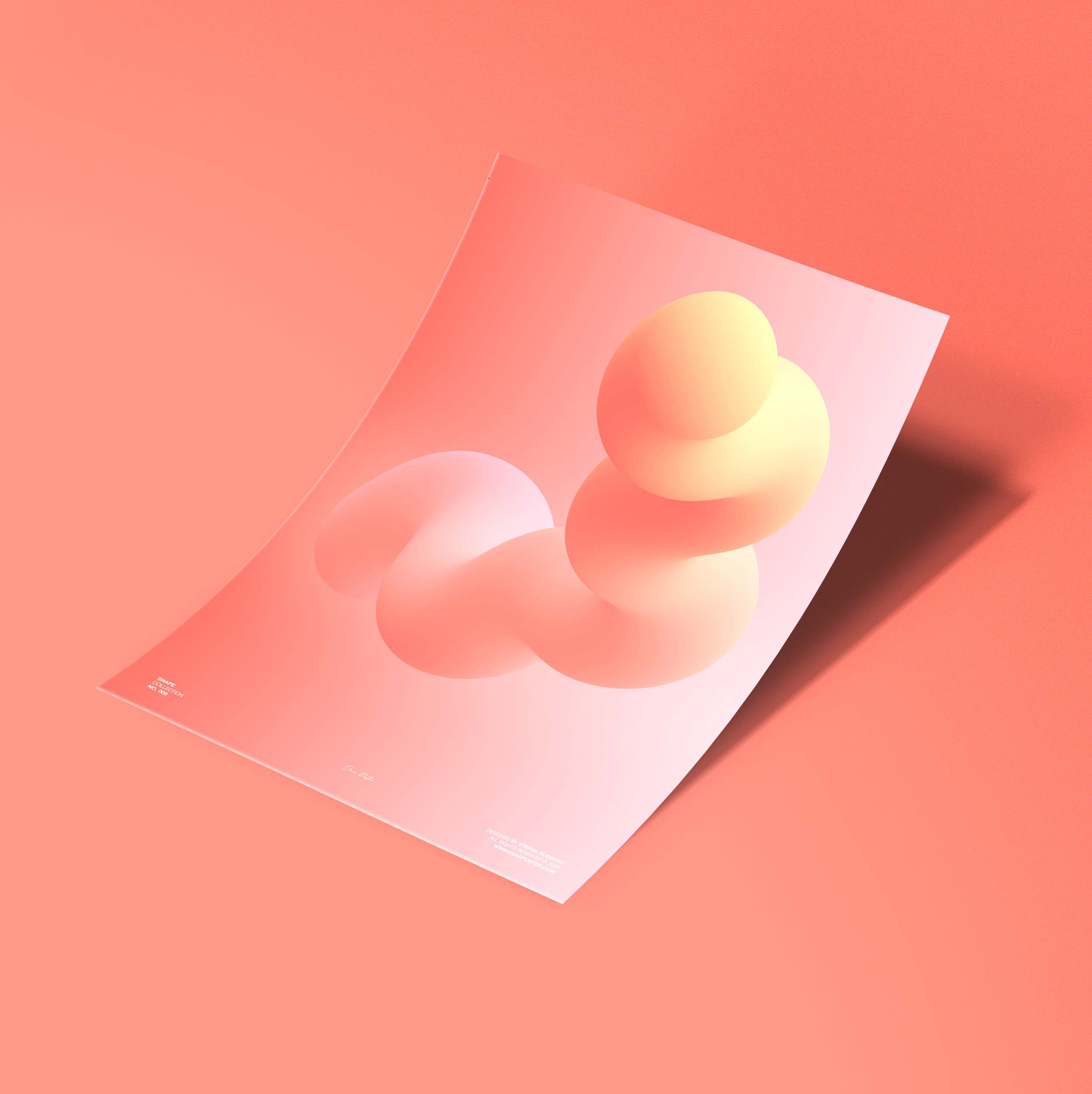 Plakat. En samling pastelfarvede geometriske former, herunder cirkler og firkanter, arrangeret på en gradient pink-orange baggrund.