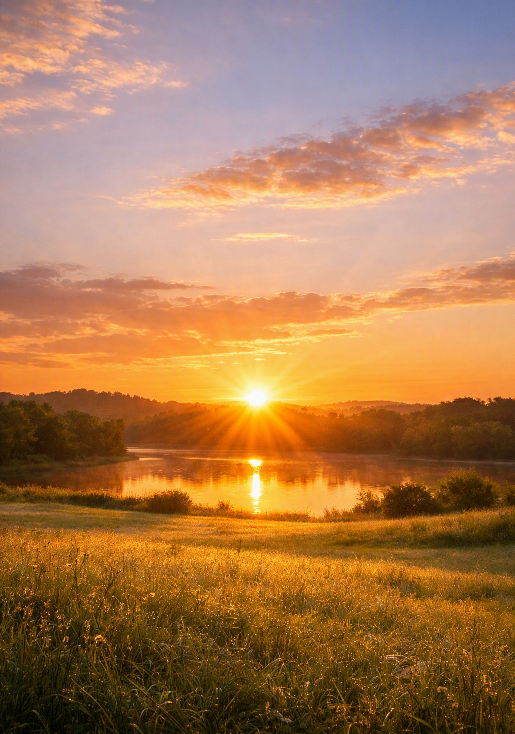 Sun setting over a river in a rural landscape with green trees and a grassy field.