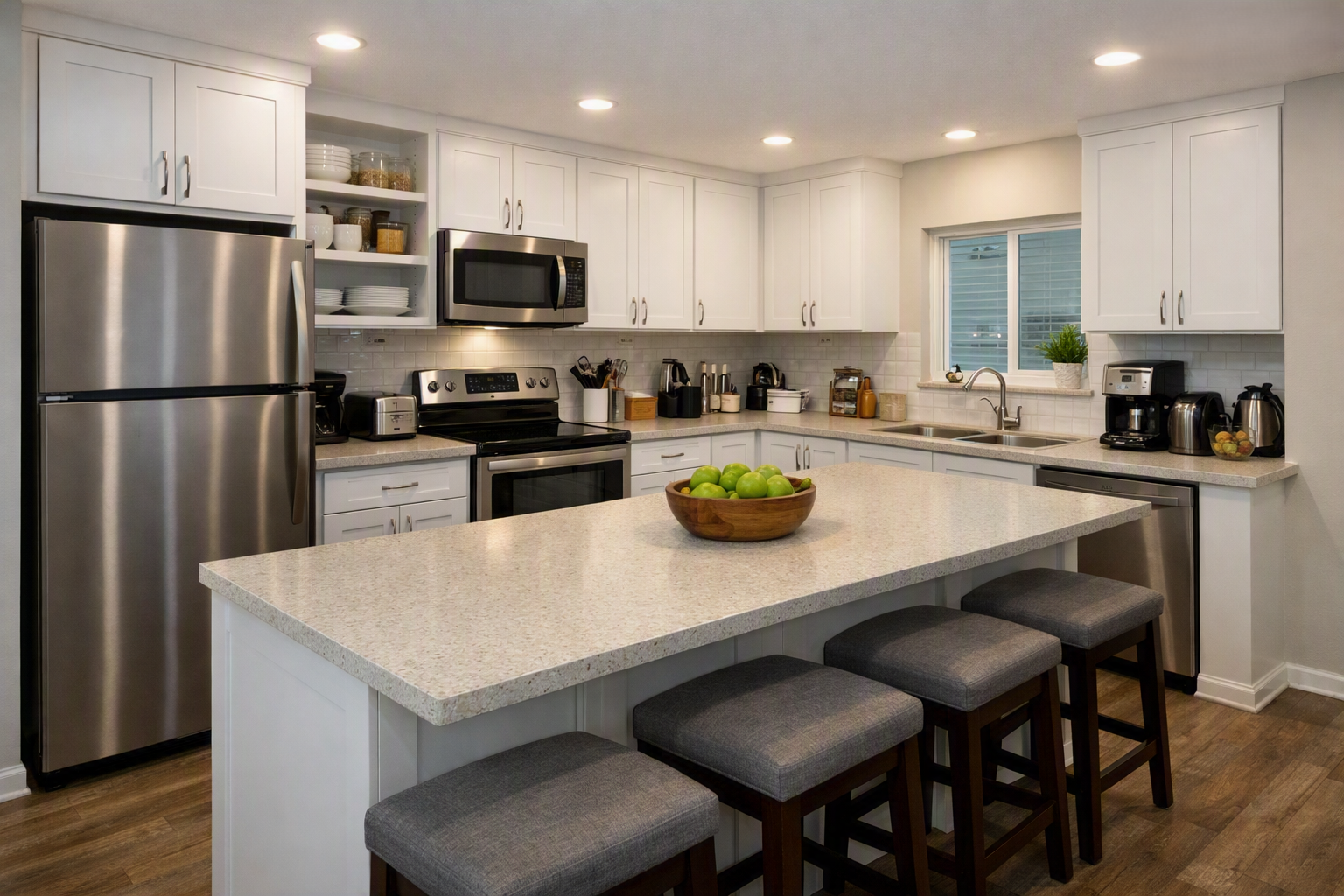 Modern kitchen with white cabinets, stainless steel appliances, a large island with a granite countertop, and four gray cushioned stools. There is a bowl of green apples on the island, and various small appliances and utensils along the countertops, with a window above the sink.
