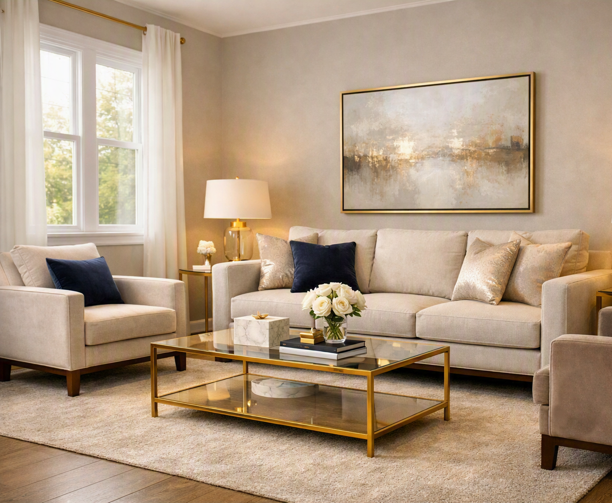 A living room with cream-colored sofas, navy and silver pillows, a glass-top coffee table with a gold frame, a table lamp, and artwork on the wall, illuminated by natural light from the window.