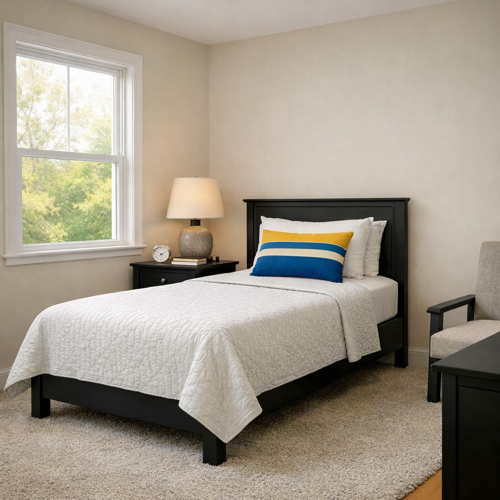 A tidy bedroom with a single bed, featuring white bedding and a colorful striped pillow. There is a black nightstand with a lamp and an alarm clock. A window shows green trees outside, and a gray armchair is partially visible.