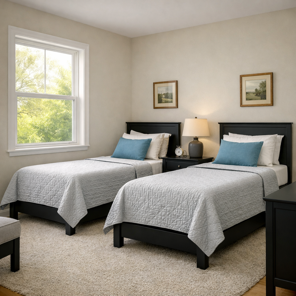 A bedroom with two twin beds, black headboards, white bedding, teal pillows, a nightstand with a lamp and clock, and framed landscape pictures on the wall. There is a window showing green trees outside.