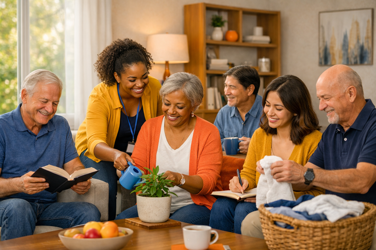 Group of six people sitting on a sofa in a cozy living room, smiling and enjoying a social gathering. One woman is watering a potted plant, while others are holding books, a notebook, or a mug. There is a basket of laundry on the table and a bowl of fruit.