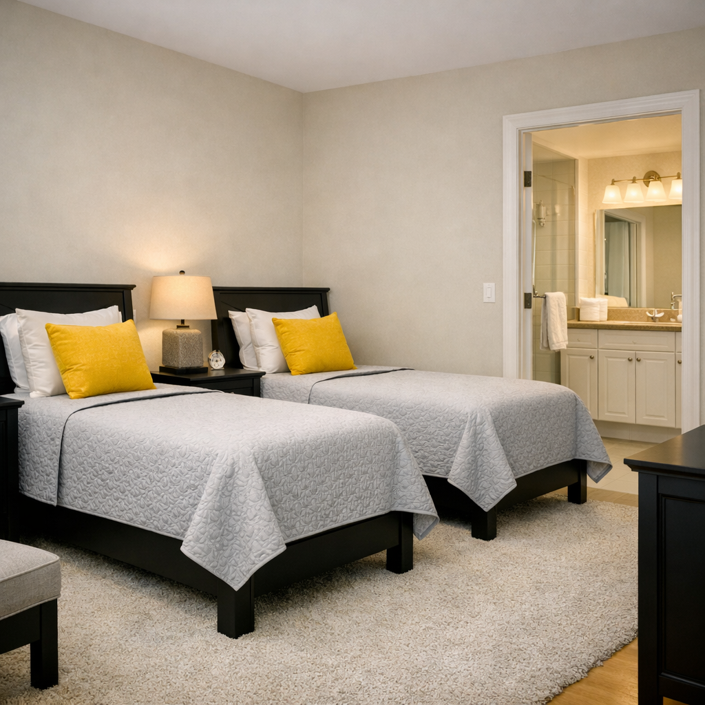Two neatly made beds with white bedding and yellow pillows, a bedside table with a lamp and a clock, and a view into a bathroom with a vanity, mirror, and lighting.
