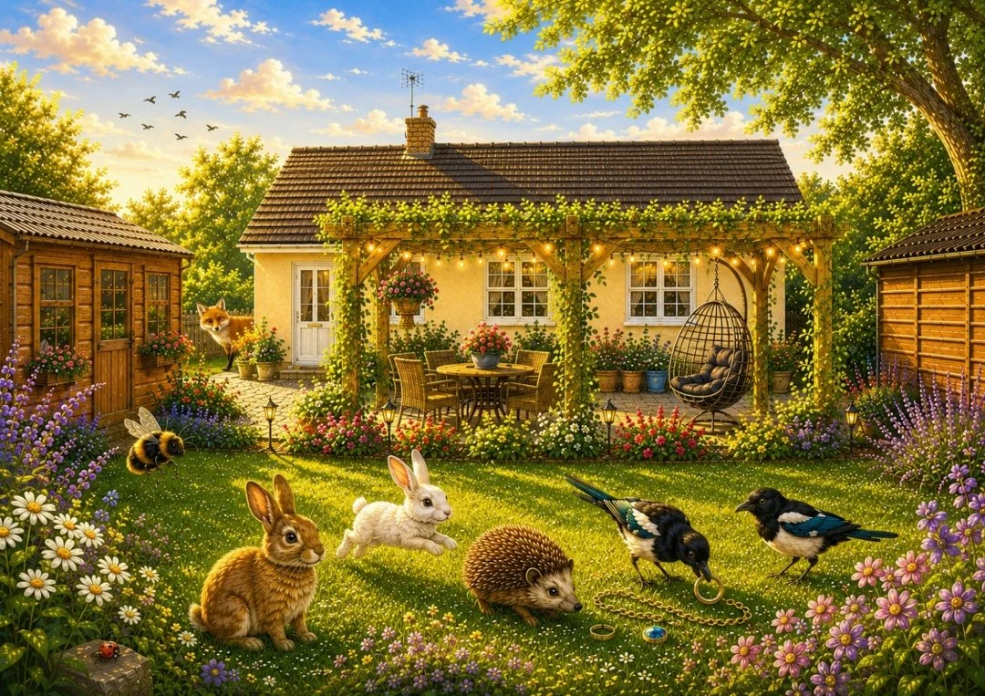Colorful garden scene with various animals, including rabbits, birds, and a hedgehog, in front of a cozy house with a porch decorated with flowers and fairy lights.