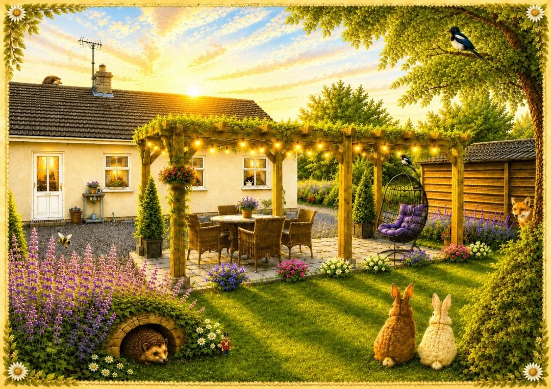 A cozy backyard patio at sunset with a wooden pergola decorated with string lights, surrounded by colorful flowers and greenery. There is outdoor furniture including a round table and wicker chairs, a hanging lounge chair with a purple cushion, and various animals like rabbits, a fox, and birds, along with a hedgehog peeking out of a garden tunnel.